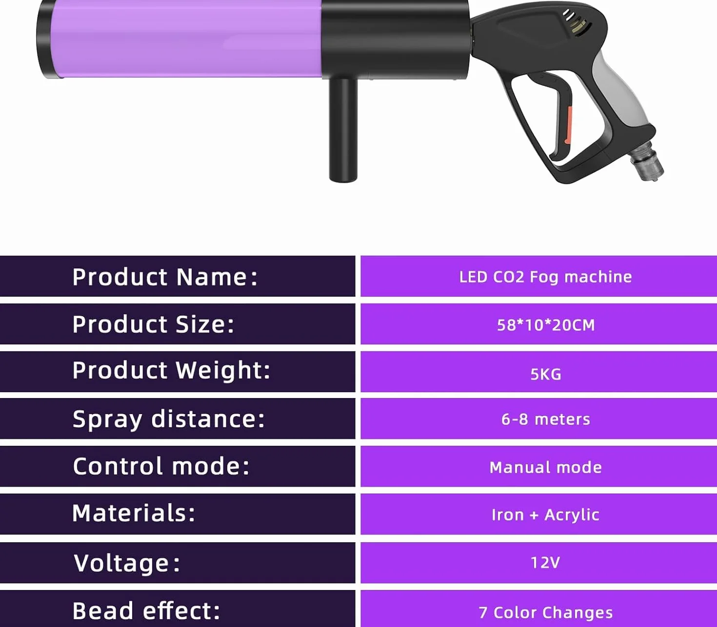 CO2 Pistola per fumo, macchina del fumo, per sera, 6 LED RGB Beads, per bar, serata, spettacolo musicale, Halloween, Natale
