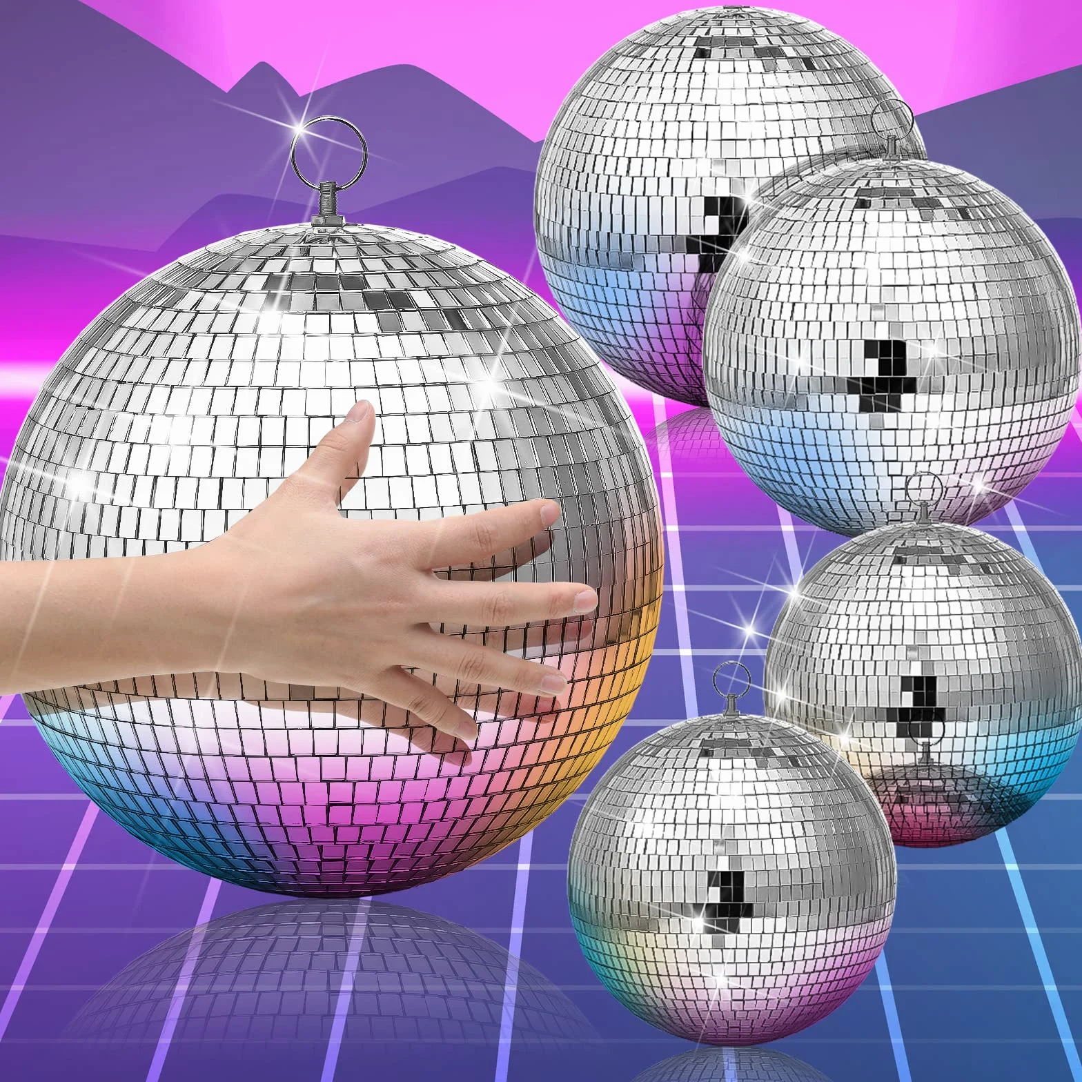 4 palline da discoteca grandi, da appendere, in argento, a specchio, ornamento per palcoscenico, club, balli di scena anni '70, matrimoni, danza, musica, compleanno (20, 15, 10 cm)