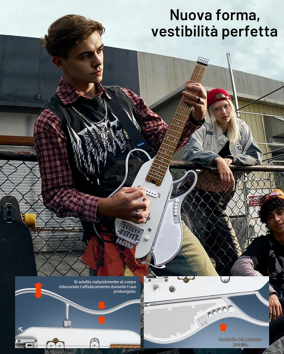 DONNER HUSH X LIVE Chitarra Elettrica con Altoparlante Rimovibile, Chitarra da Viaggio Headless con Modellazione Amp ed Effetti Integrati, Kit per lo Studio con Bluetooth e Gig Bag, Bianco