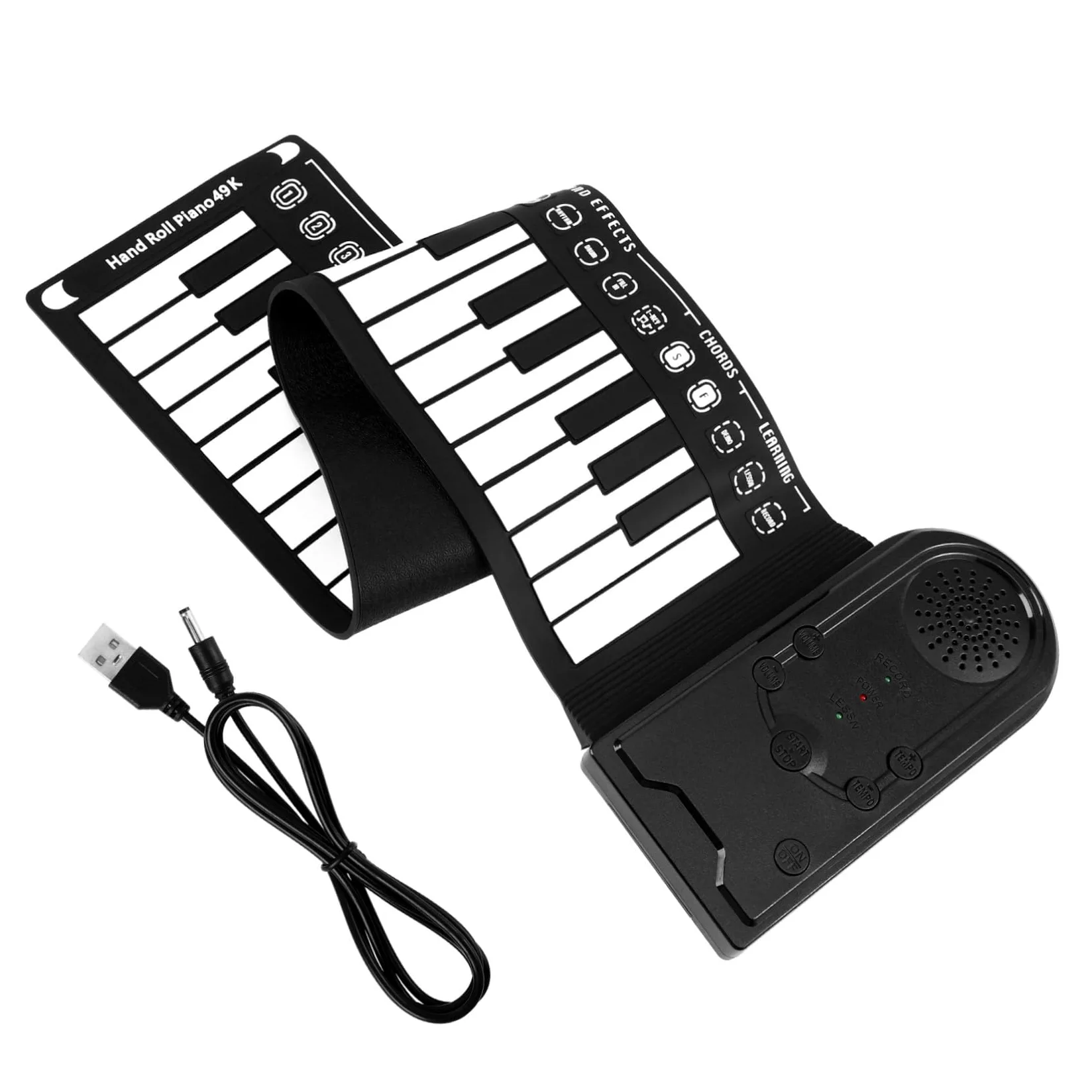 Pianoforte Nero Portatile Pieghevole Elettrico 49 Tasti | Tasti Arrotolabili, Silicone, Altoparlante Integrato, Cavo USB Dc 6v, Alimentazione 3 Batterie Aa