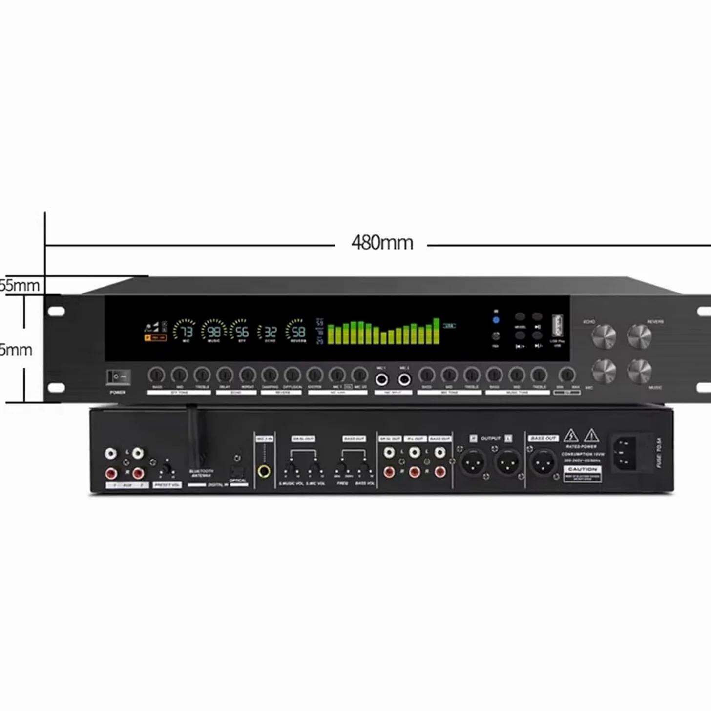 Processore audio digitale con equalizzatore a 15 bande con schermo LCD, telecomando, riproduzione USB/Bluetooth, anti-ulula, riverbero DSP multi-effetto