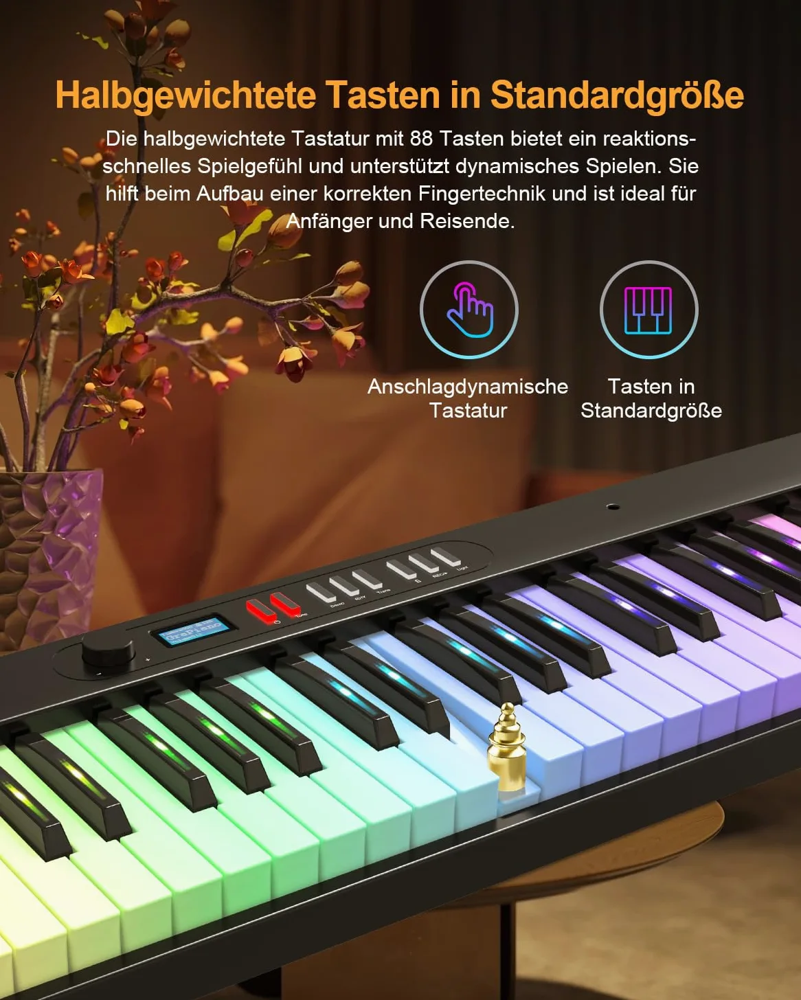 Pianoforte digitale pieghevole, 88 tasti, tastiera semiponderata con tasti luminosi colorati, Bluetooth MIDI E, tastiera portatile per principianti, adulti e bambini