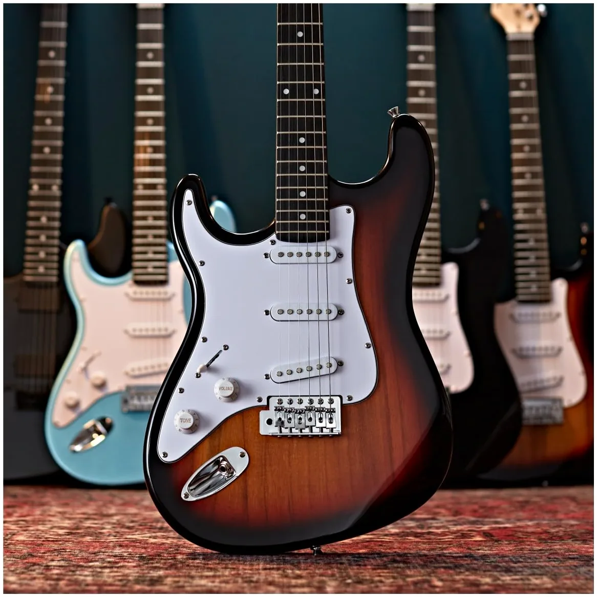 Chitarra Elettrica LA per Mancini + Pacchetto con Amplificatore Sunburst | Corpo Leggero e Comodo per Mancini Principianti, Ampli Portatile con EQ 2 Bande, Corde e Accordatore Inclusi