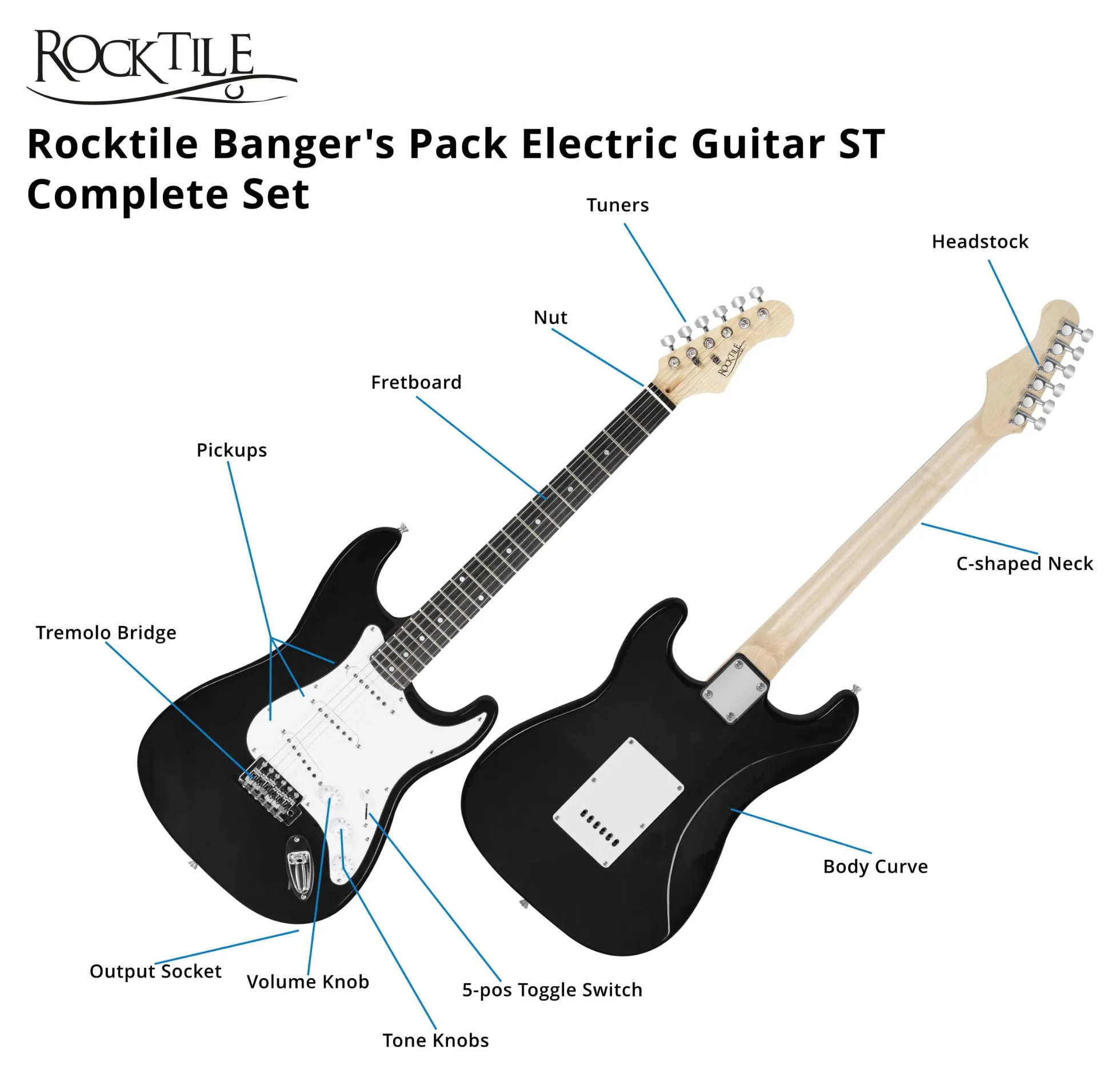 Set Chitarre Elettrica Rocktile Banger's Pack Black incl. Amplificatore | Chitarra Elettrica, Chitarra elettrica Rocktile ST-Style, Finitura Black, 3 pickup Single-Coil, Selettore a 5 vie, 5 x 4 cm