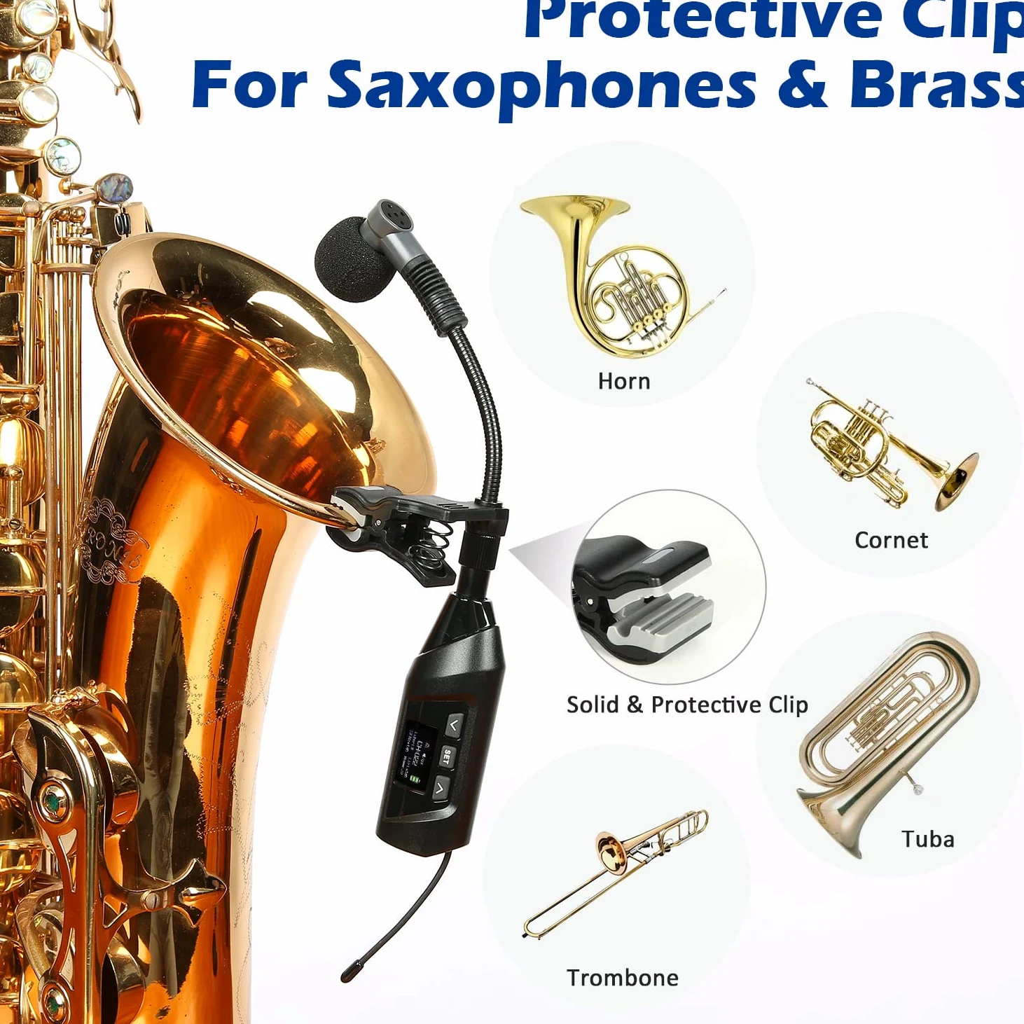 SGPRO microfoni wireless per sassofono, microfono a clip per sax e tromba, equalizzatore preimpostato e livello di eco, trasmissione da 5 m, ricaricabile, trasmettitore e ricevitore
