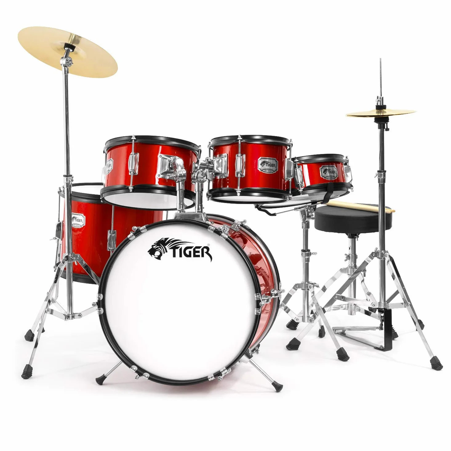 TIGER JDS14-RD - Batteria per ragazzi 5 pezzi, con rullante, tom, basso, pedale, Hi-Hat, piatti crash, bacchette e sgabello - colore rosso