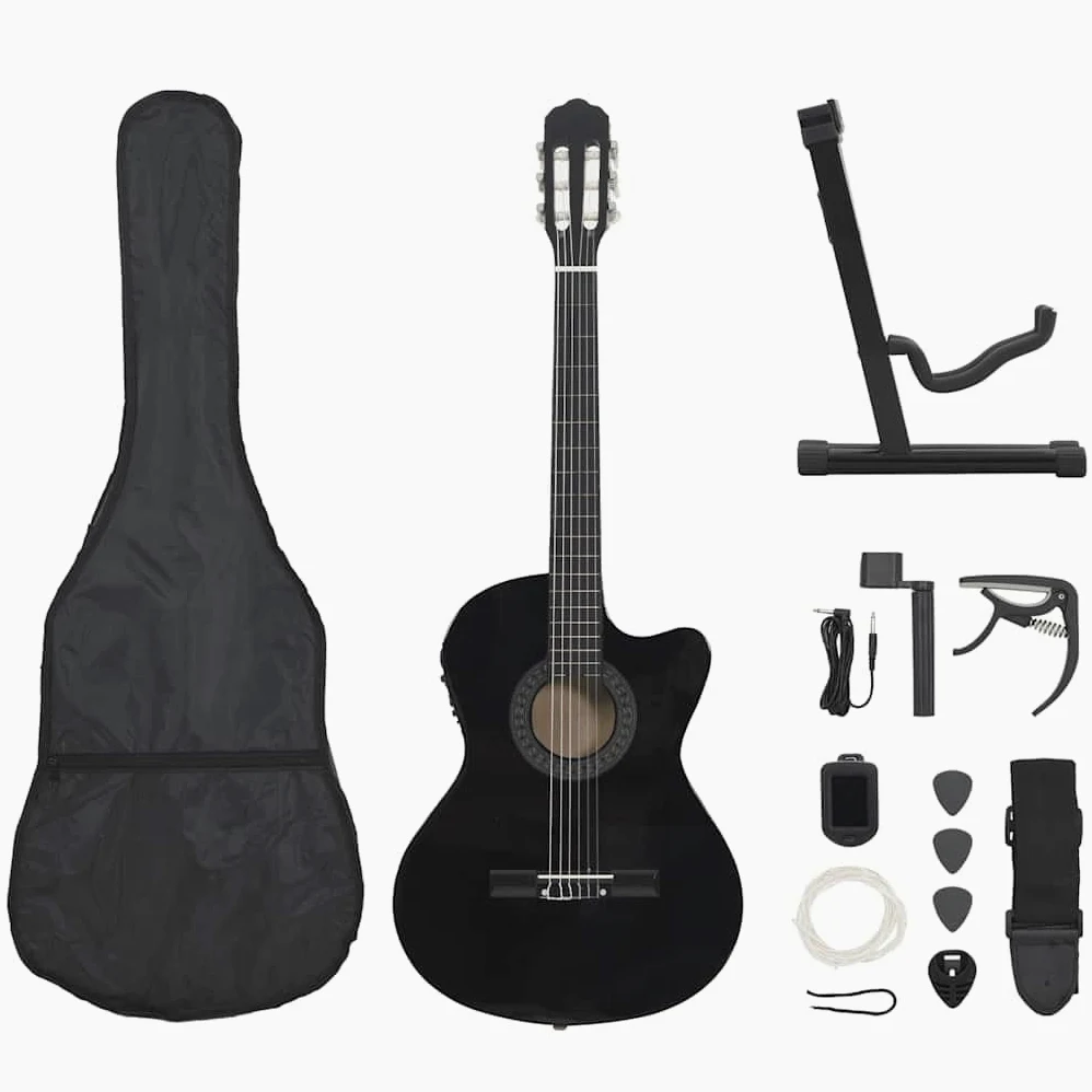 Set di 12 chitarre western con equalizzatore a 6 corde, nero, chitarra acustica Cutaway per principianti, insegnamento, con accordatore, capotasto, plettri, manovella per corde