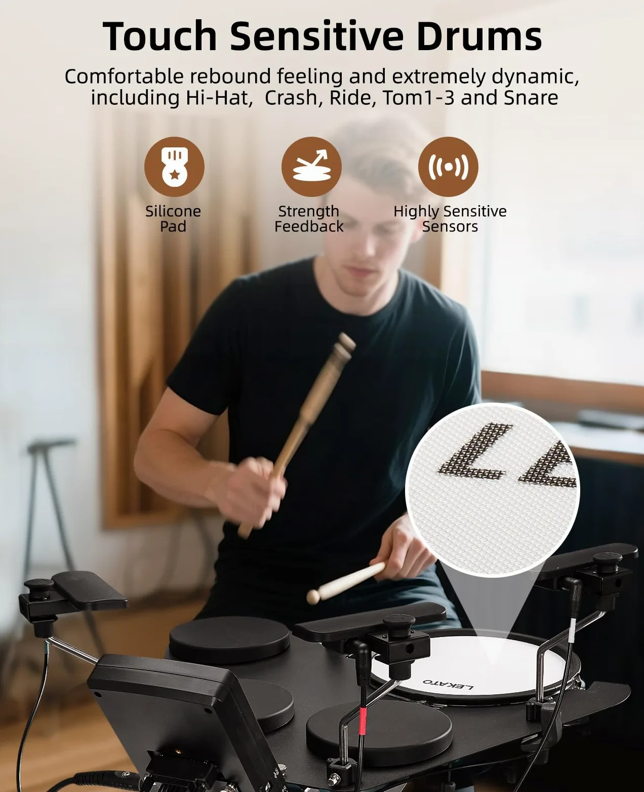LEKATO Batteria elettronica CPD-1000 con cuscinetti a rete silenziosi, batteria elettrica portatile, oltre 220 suoni, USB MIDI, 2 robusti interruttori a pedale, bastoncini, borsa da viaggio