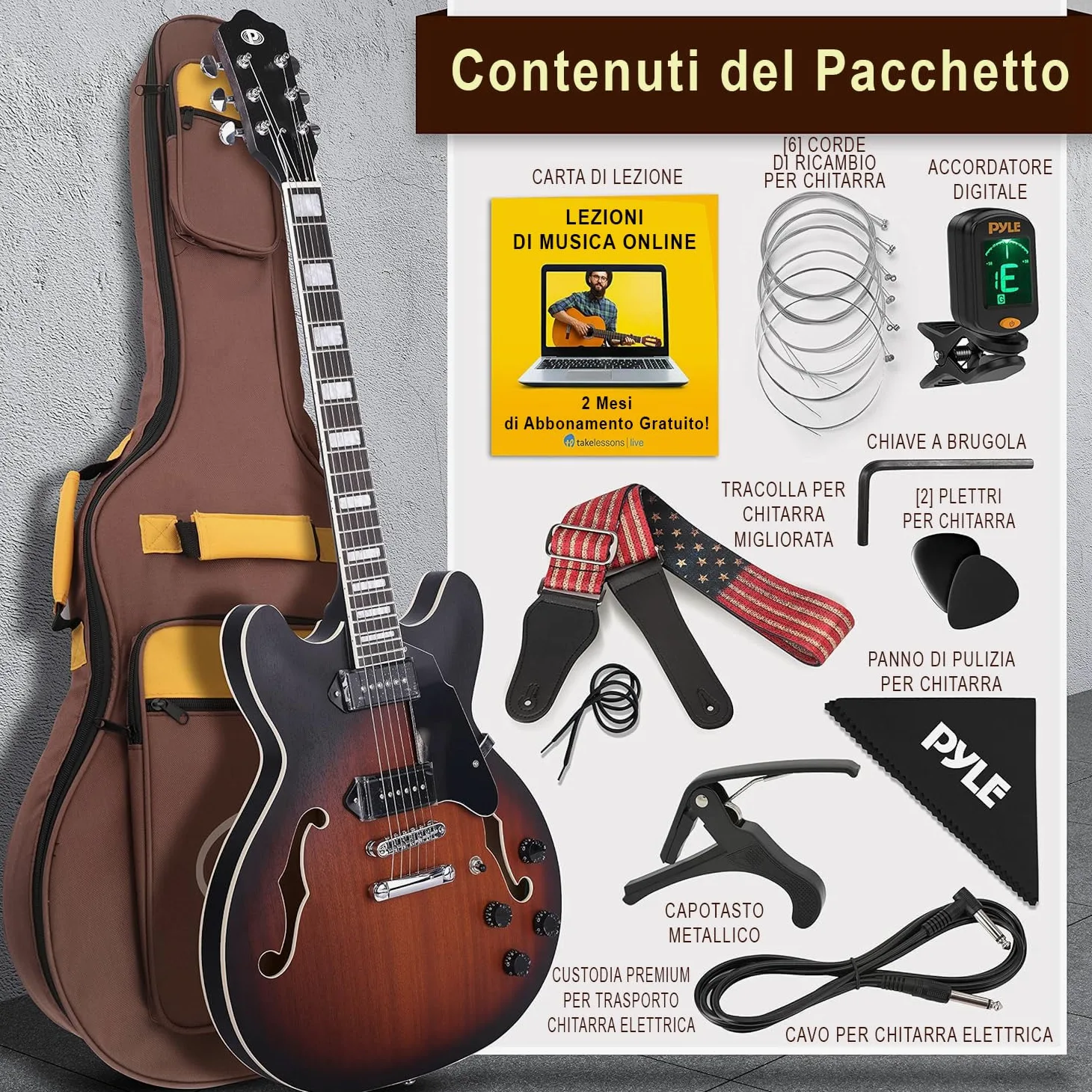 Pyle Chitarra Elettrica Semi-Hollow, Kit Chitarra Elettrica, Stile Jazz, 6 Corde con Borsa e Accessori, Full Size 106 cm