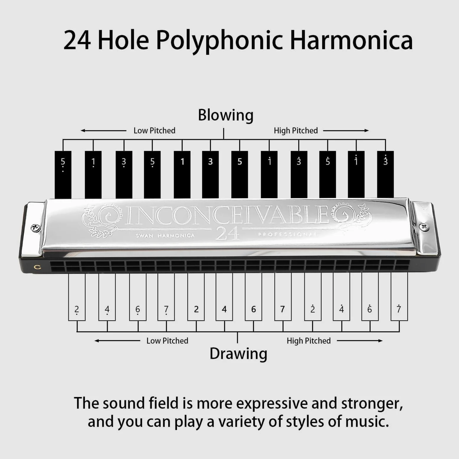 Set di armonica tremolo a 24 fori, 7 tasti, professionale polifonica a bocca, armonica a bocca, set da 12 tasti, con custodia, per adulti, professionisti e studenti, idea regalo per principianti