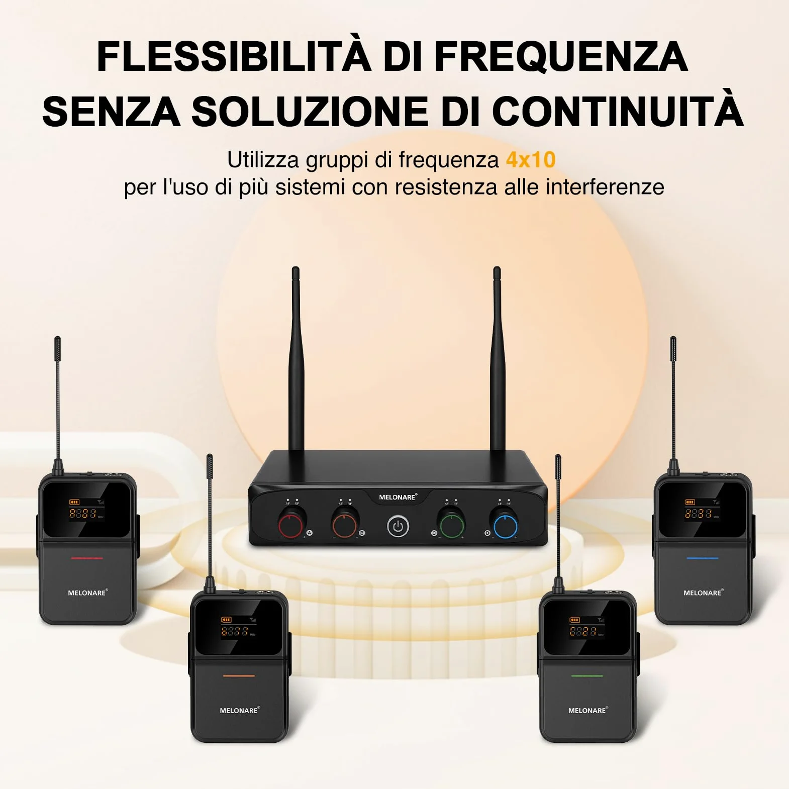 MELONARE Sistema microfonico wireless UHF a 4 canali con 4x10 frequenze, portata di 200 piedi, 4 bodypack e microfoni per cuffie/lapelle per canto, chiesa, conferenza (MWM-41-4B)