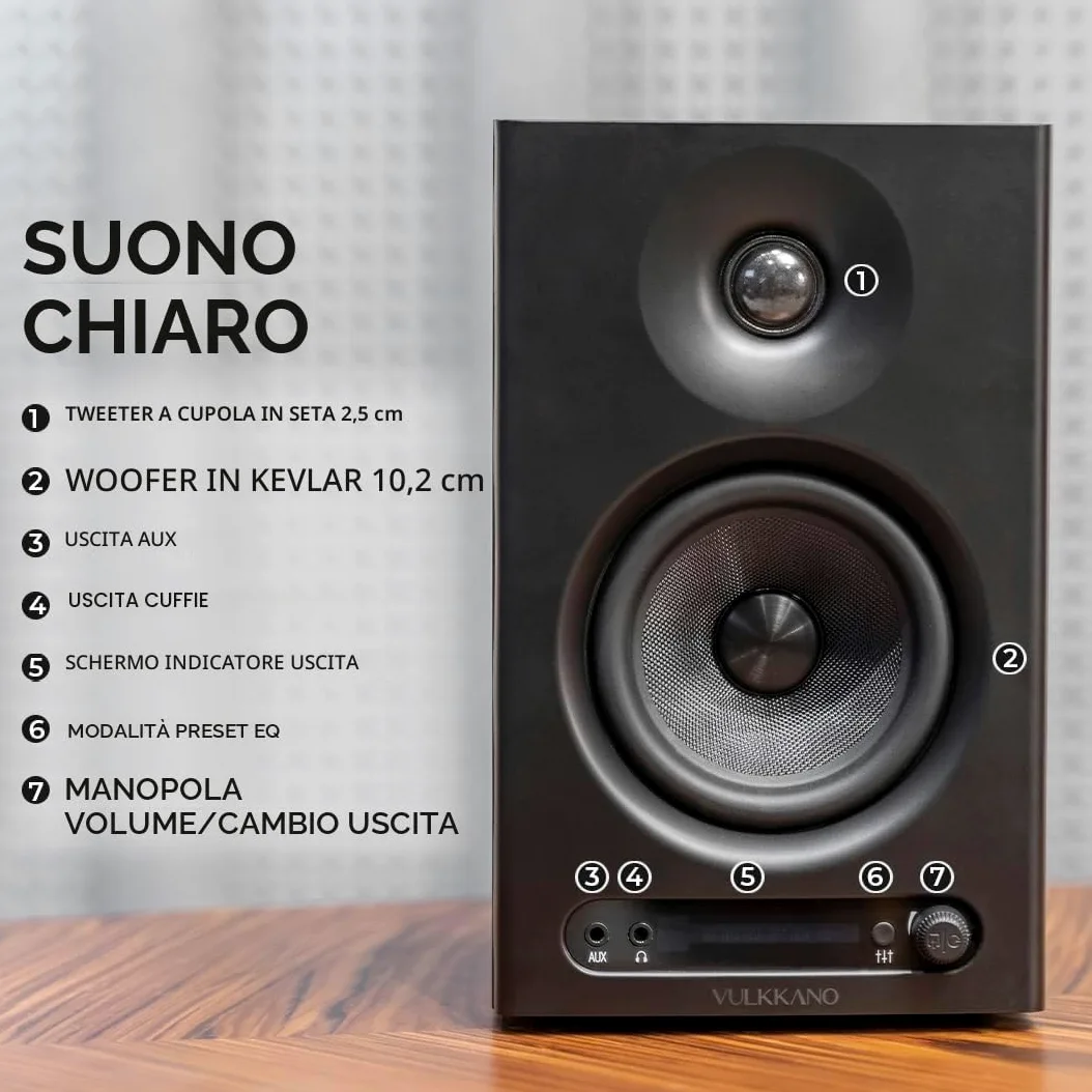 VULKKANO PRO4 Casse Monitor Studio con Woofer da 4”, Bluetooth, Ingresso Bilanciato TRS, RCA, Uscita per Cuffie, AUX, Ottica, Regolazioni EQ, Casse per PC