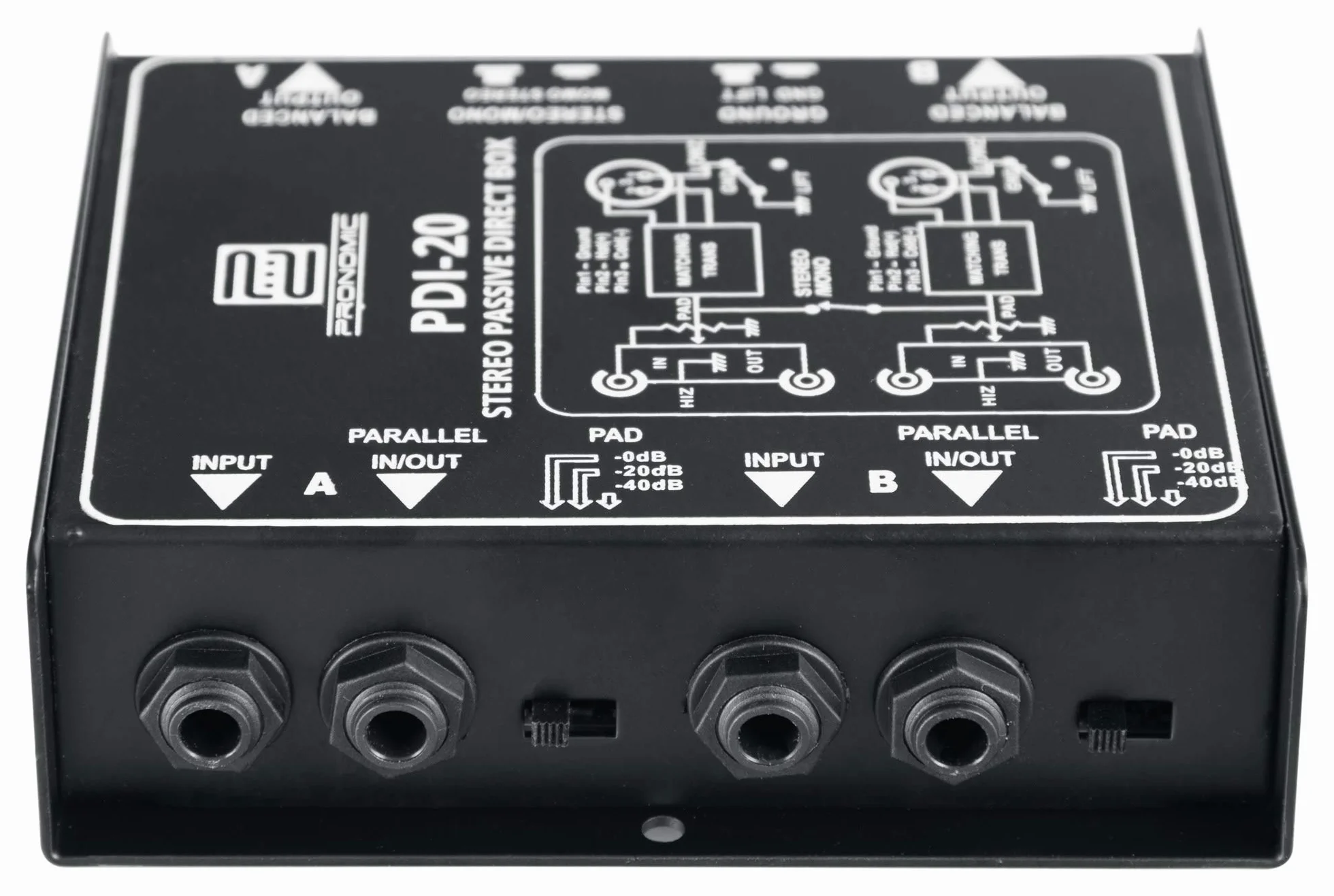 Pronomic PDI-20 passive Stereo-DI-Box - Gamma di frequenza: 15 Hz - 30 kHz - Interruttore Stereo/Mono - Interruttore Pad - Ground-Lift - nero