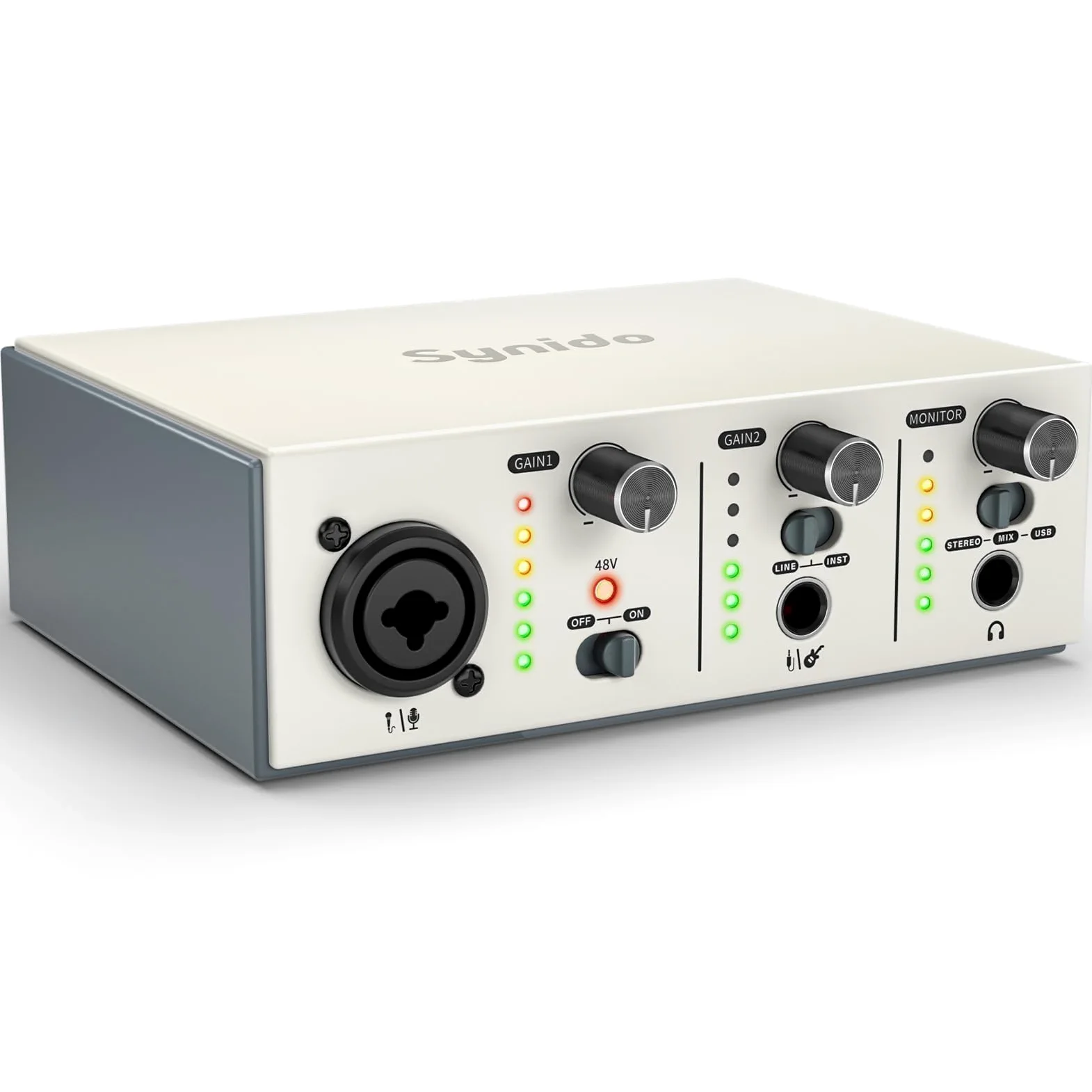 Synido Interfaccia audio USB C per la registrazione di musica, streaming, podcasting con XLR, ingresso di linea, 24 bit/48 kHz, alimentazione phantom 48 V, 2 canali, argento