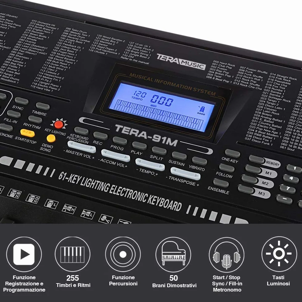 Bakaji Tastiera Musicale Pianola Elettronica 61 Tasti Luminosi Pianoforte Multifunzione con 255 Ritmi 50 Brani Preimpostati Funzione Percussione Ingresso AUX Leggio Porta Spartito/Tablet