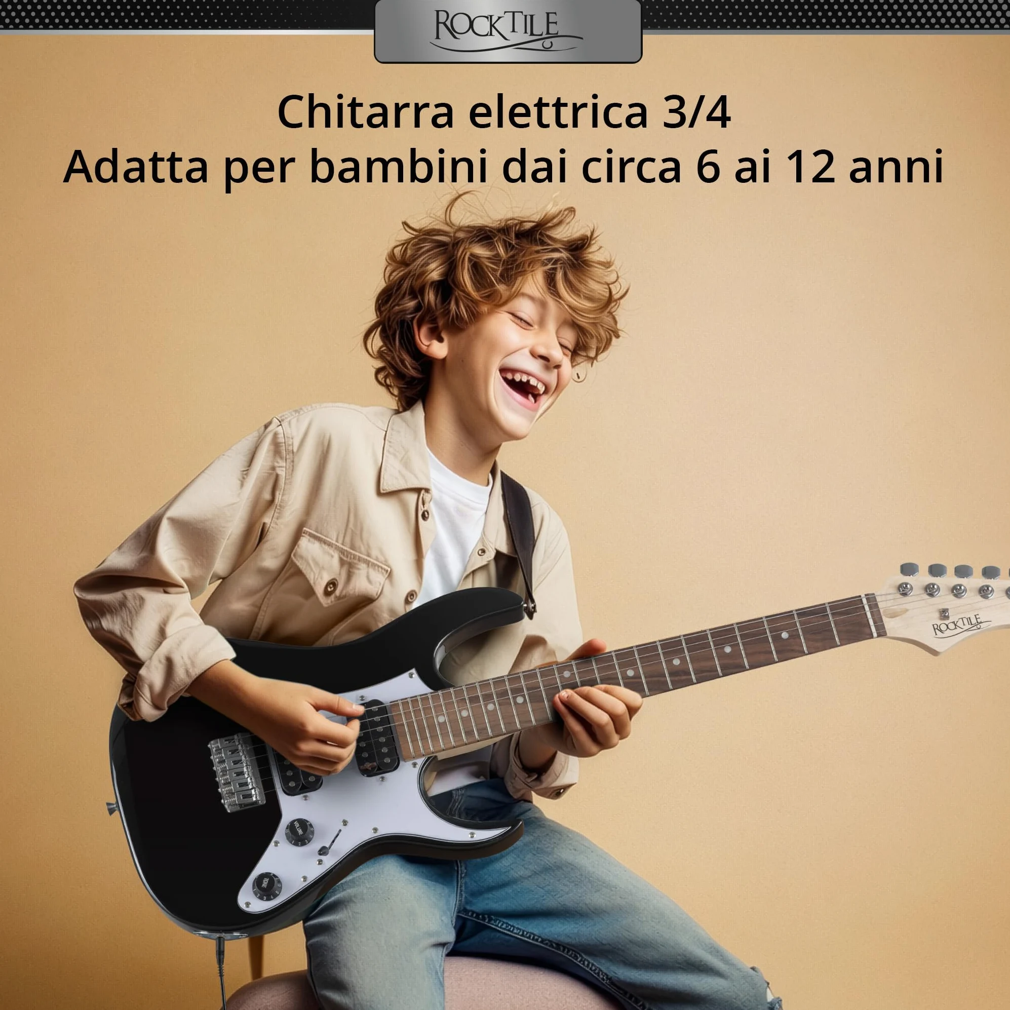 Rocktile Youngster YS-1BK 3/4 Chitarra Elettrica Nera, Generale, Peso: 2 | Modello: YS-1BK, Adatta indicativamente dai 6 ai 12 anni, 7 kg, Numero di corde: 6, Orientamento: Destrimano, Corpo, Manico