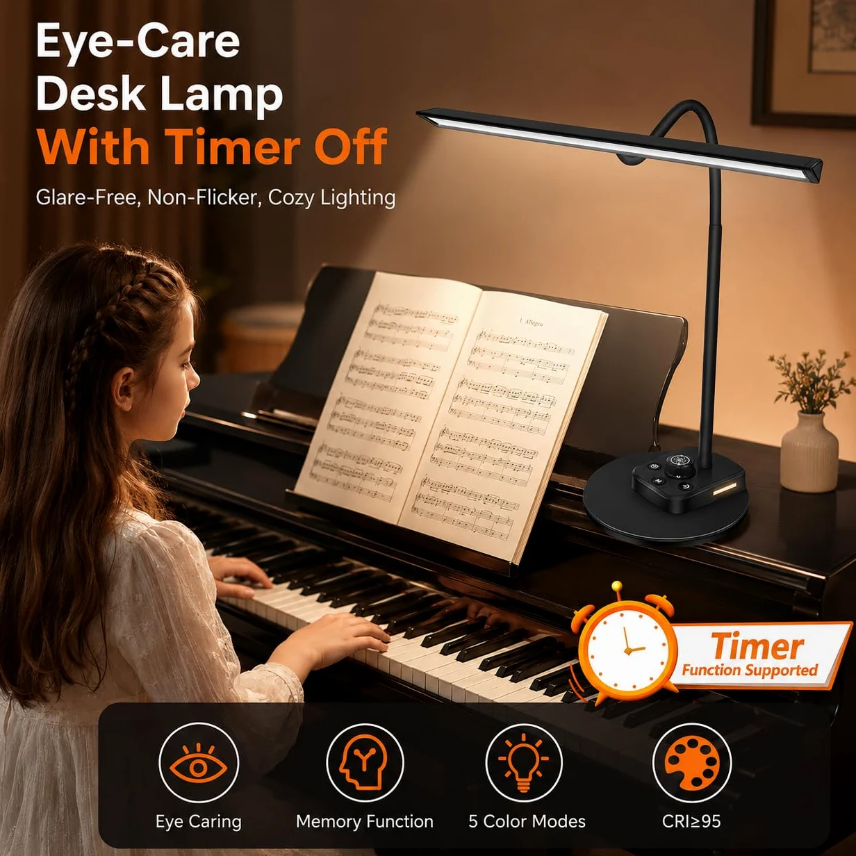 Lampada per pianoforte a coda e pianoforti verticali, lampada LED dimmerabile con 5 modalità di illuminazione, porta di ricarica USB, timer di spegnimento automatico, design a collo di cigno