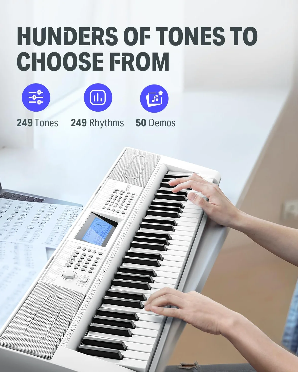 Donner - Tastiera pianoforte a 61 tasti, kit tastiera elettrica con 249 voci, 249 ritmi, include supporto per pianoforte, sgabello, microfono, regalo per principianti, bianco (DEK-610S)