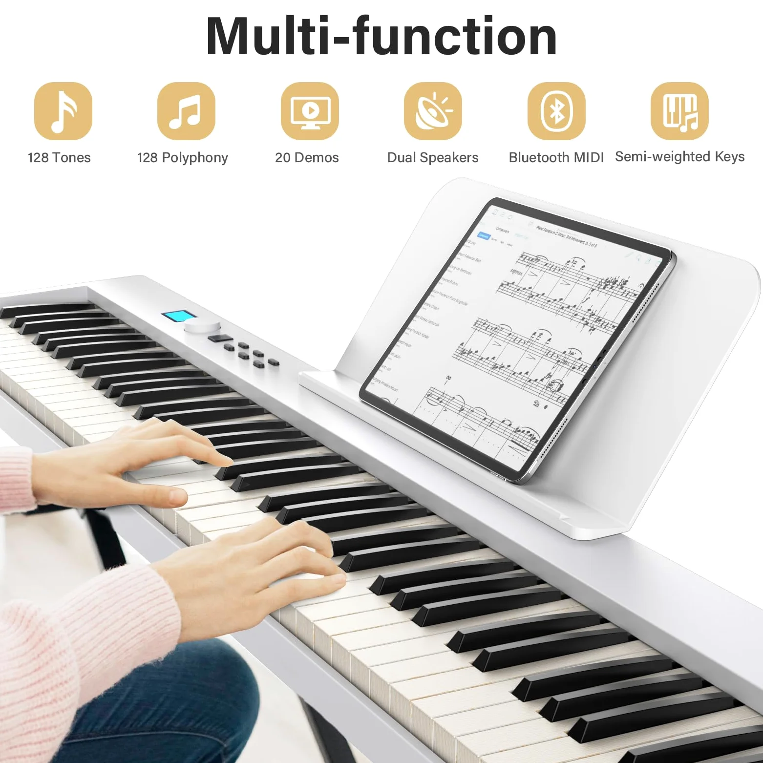 Tastiera a 88 tasti BSP-10F Pianoforte pieghevole portatile con tastiera semi-pesata, 128 toni, USB MIDI, pedale sustain, leggio per principianti, regalo per principianti, bianco
