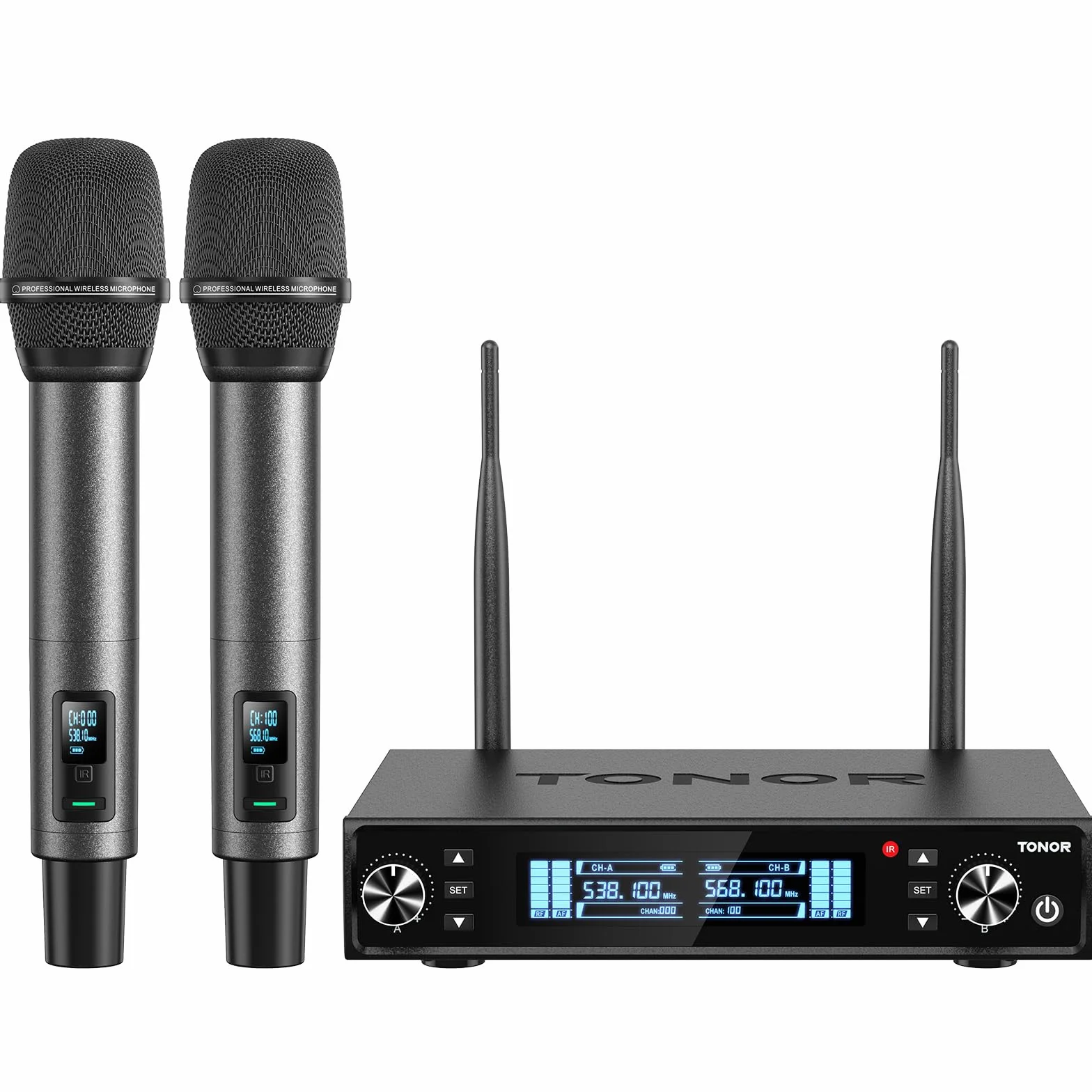 TONOR Sistema Microfono Wireless, Microfono Ricaricabile Professionale, Microfono Dinamico Cordless in Metallo 2x100 UHF per Karaoke, Chiesa, Canto, Matrimonio, Riunione, DJ, Auto Scan, 80 M,TW550