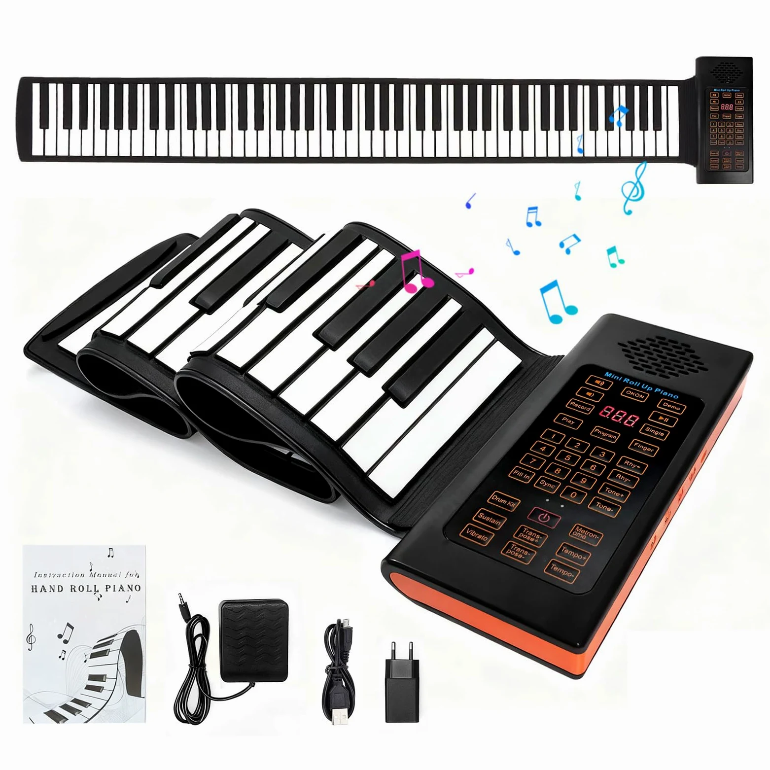 88 Tasti Tastiera Pianoforte Arrotolabile, Pianoforte Elettronico Portatile con 128 Ritmi Toni, 20 Demo, Funzione MIDI,Ricaricabile Rollup Pianoforte Pieghevole per Bambini Principianti Adulti