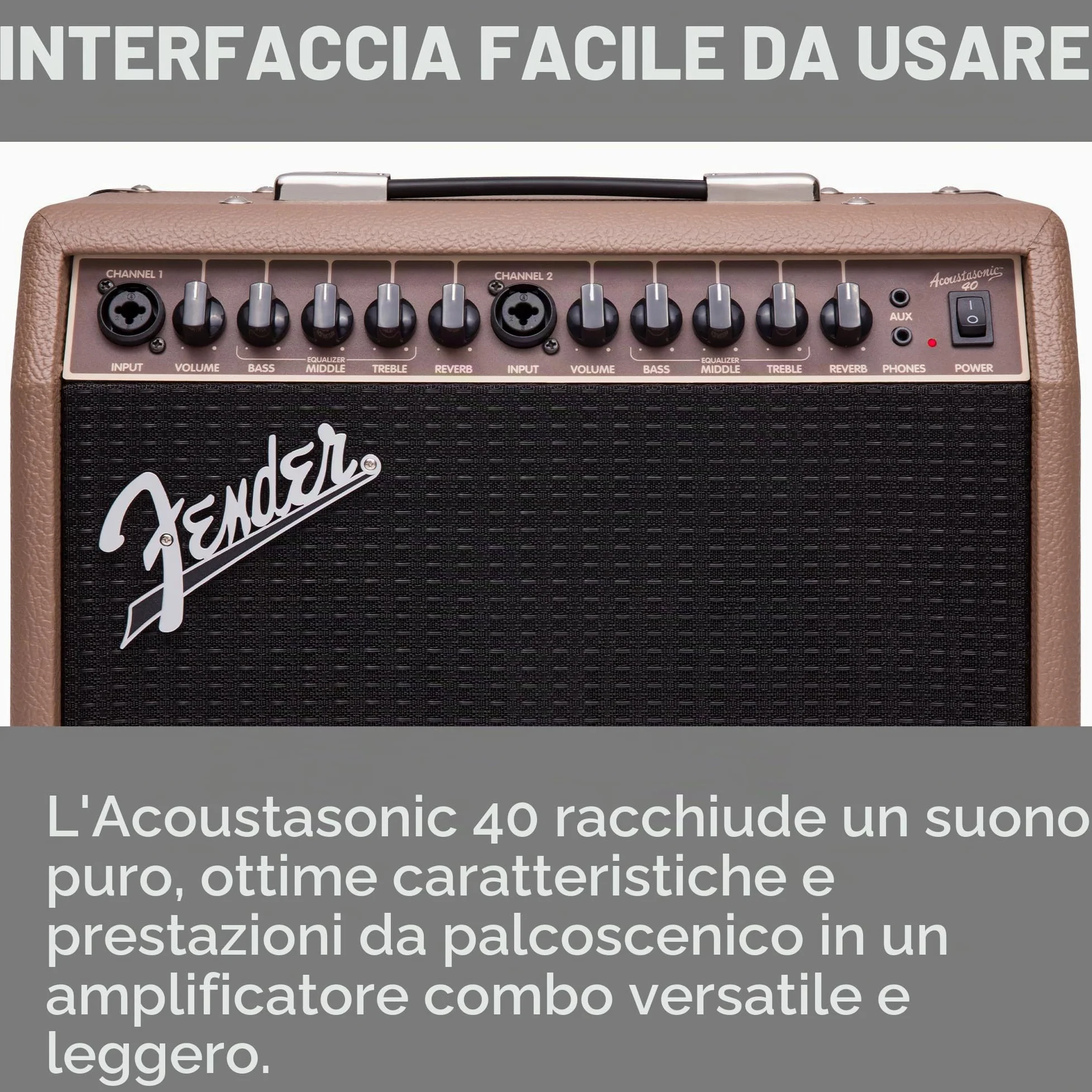 Fender Acoustasonic - Amplificatore per chitarra acustica, 40 Watt, portatile, con doppio altoparlante da 6,5", riverbero integrato, ingressi XLR/1/4", marrone/grano, con garanzia di 2 anni