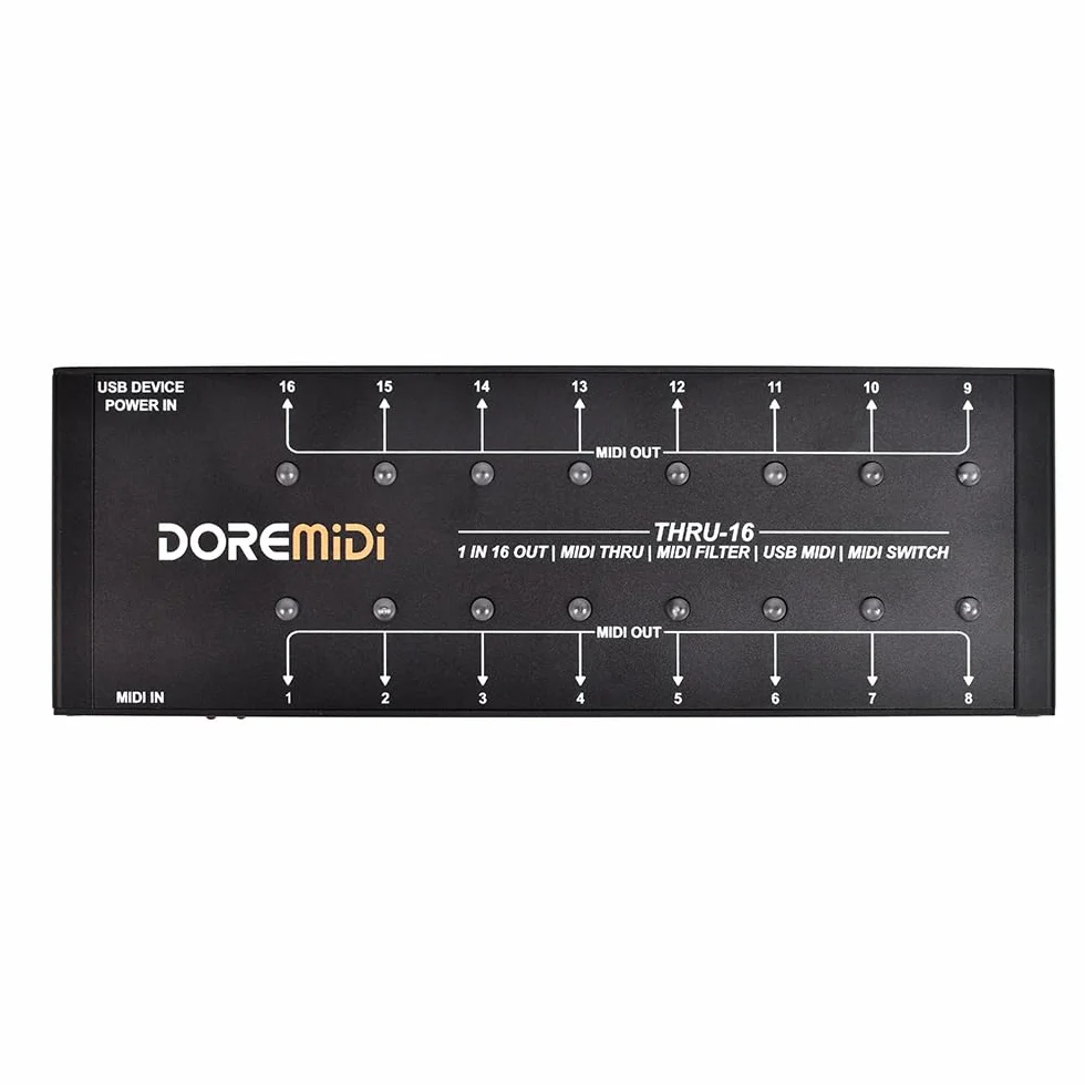 MIDI THRU-16 Box Filter &Switch 1 MIDI input in 16 uscite MIDI e ogni uscita MIDI può modificare filtri MIDI (THRU-16)