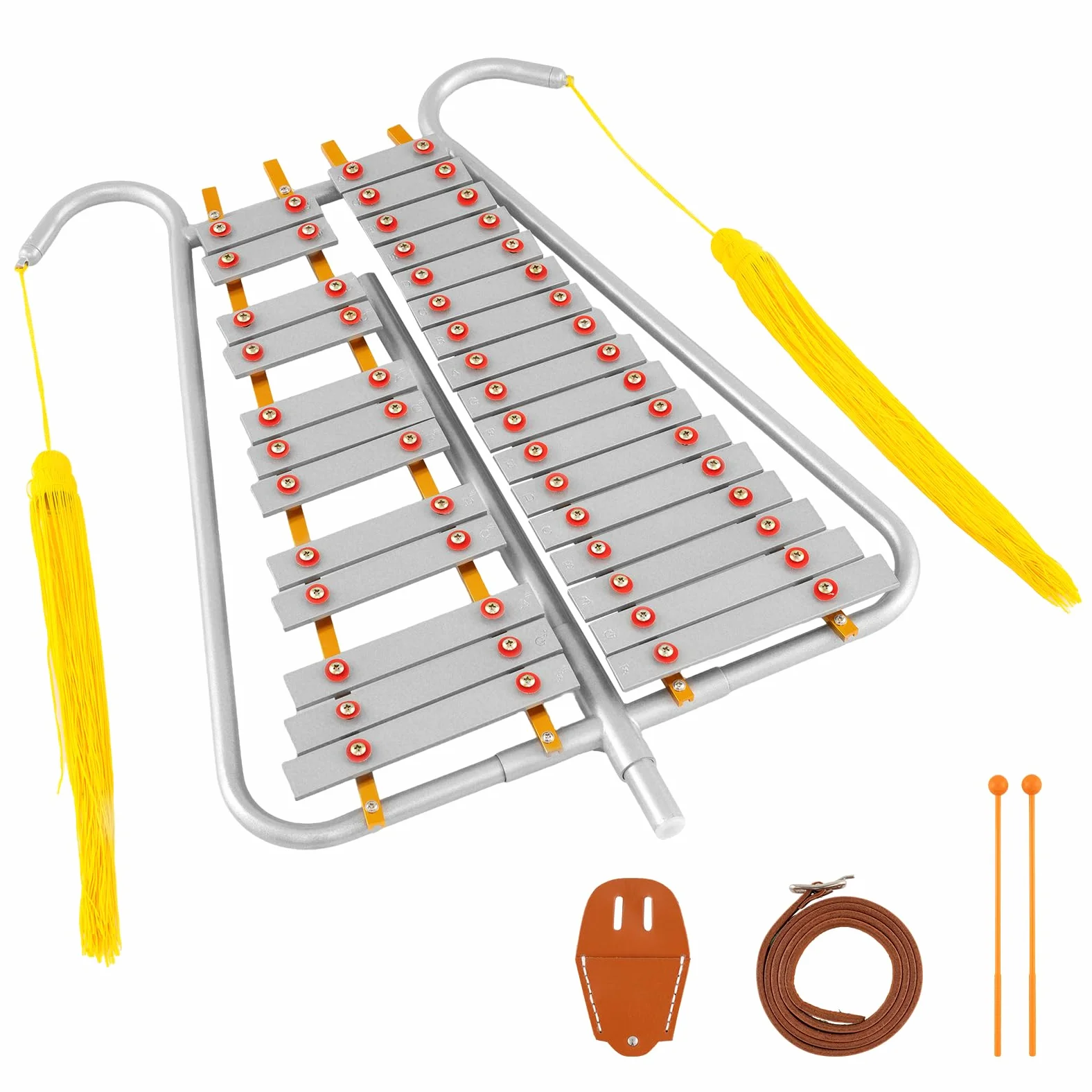 GYMAX Glockenspiel da Marcia, Liuto a 29 Note per Banda con Tasti in Alluminio, Lunghezza Regolabile, Cintura da Vita, 2 Bacchette, Nappine, Kit di Strumenti a Percussione per Parate e Pratica