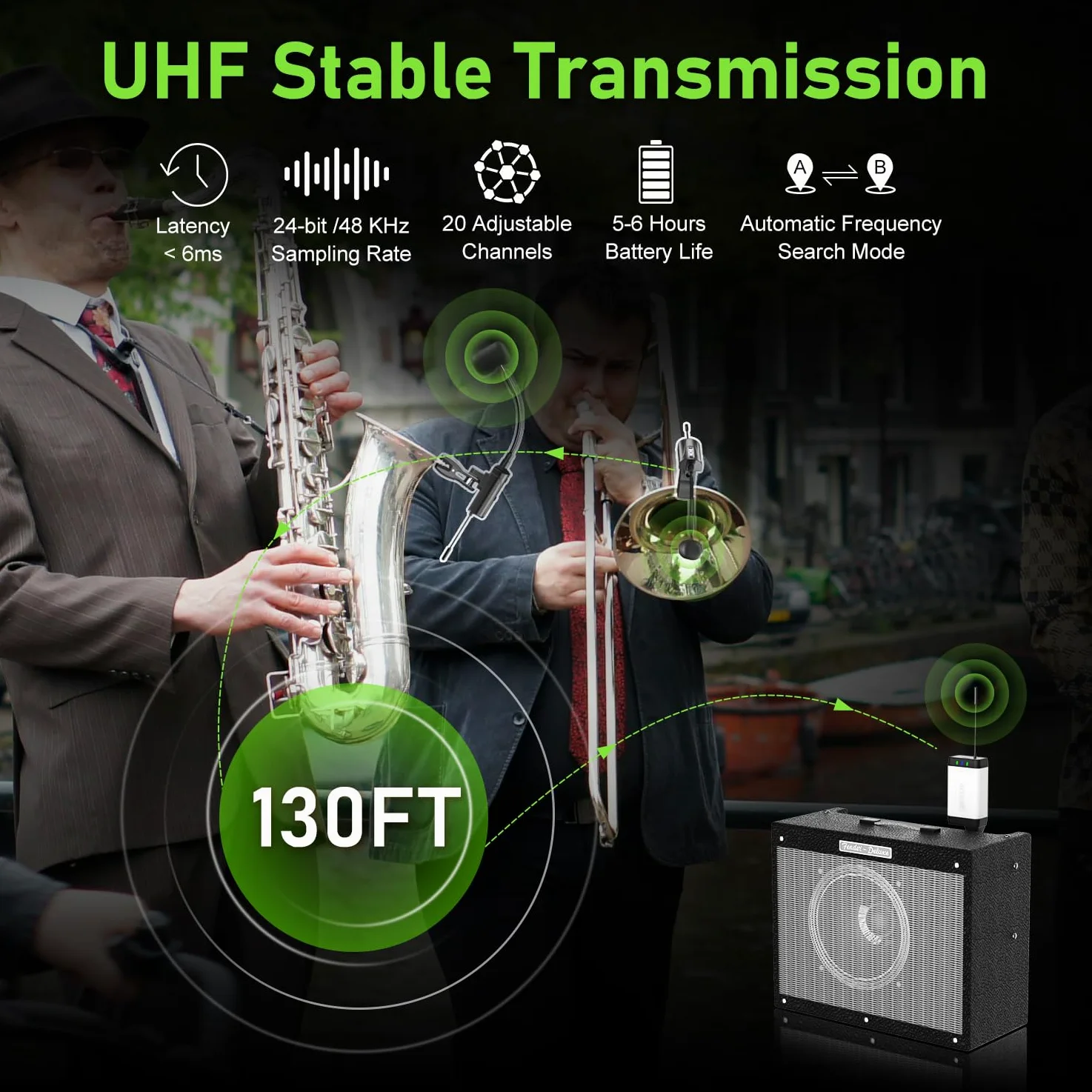 Doppio Microfono Wireless per Sassofono UHF per Strumento con Condensatore UHF, Microfono a Clip con 1 Ricevitore e 2 Trasmettitori, per Sassofono, Corno Francese, Tromba, Trombone, Q2/ST-5