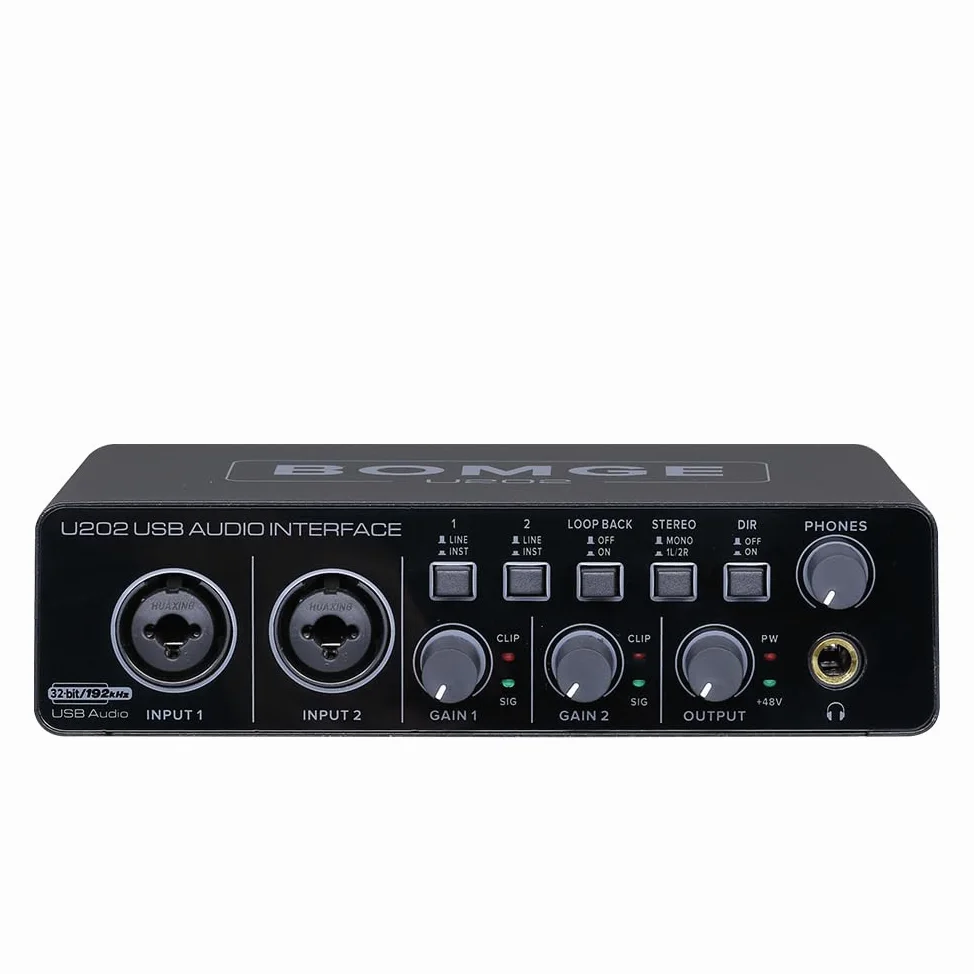 BOMGE U202 Interfaccia Audio USB con Preamplificatore Microfono Porte XLR/TSR/TS, 48V, Risoluzione 32-Bit/192kHz per Registrazione su Computer, Streaming, Podcasting
