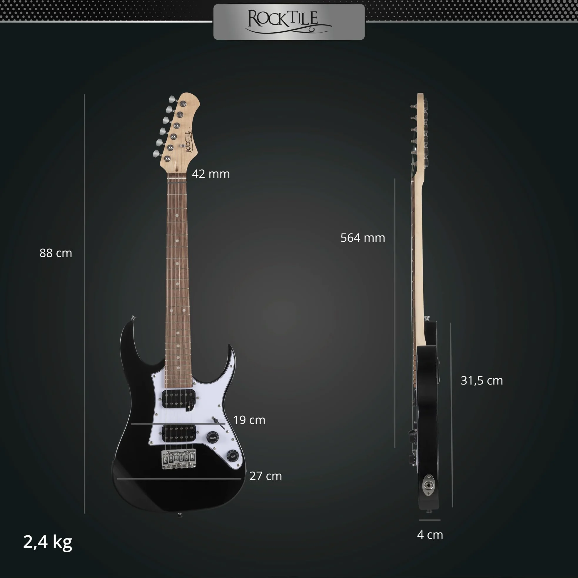 Rocktile Youngster YS-1BK 3/4 Chitarra Elettrica Nera, Generale, Peso: 2 | Modello: YS-1BK, Adatta indicativamente dai 6 ai 12 anni, 7 kg, Numero di corde: 6, Orientamento: Destrimano, Corpo, Manico