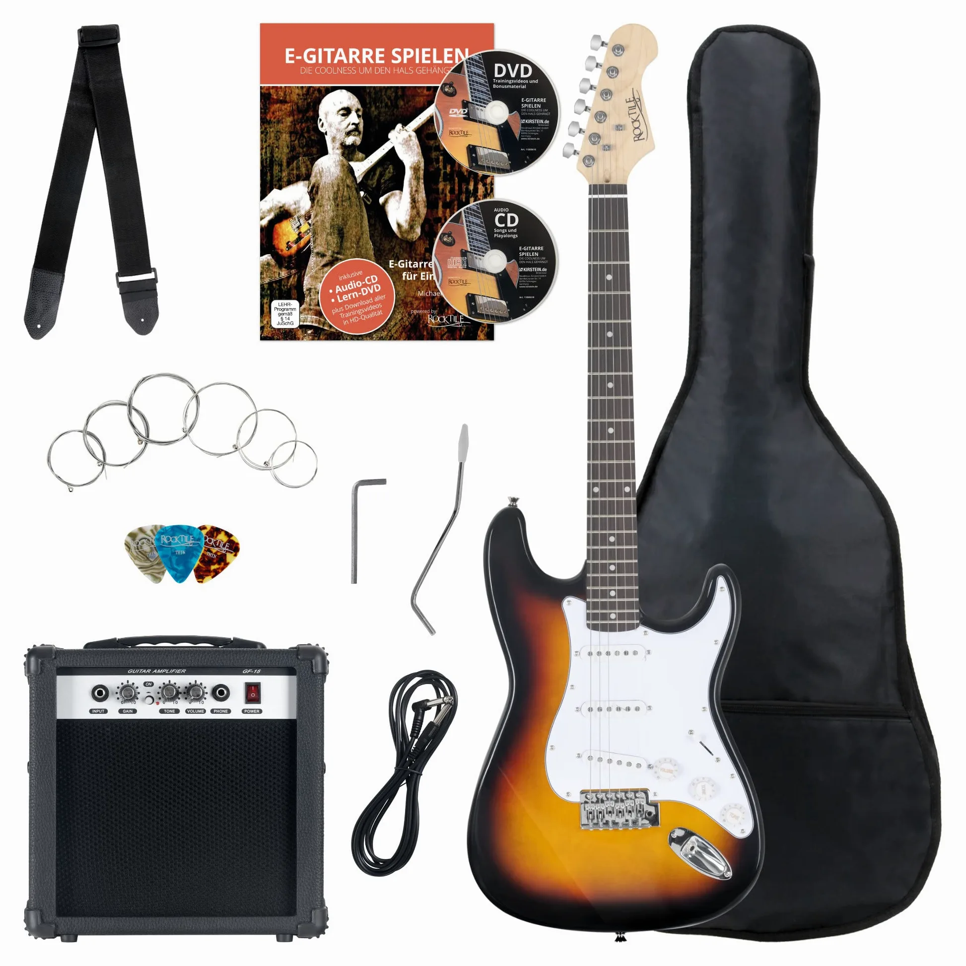 Rocktile Banger's Pack Set Chitarra Elettrica Sunburst - Kit Completo per Chitarre Elttriche con Amplificatore 25W, Custodia Morbida, Cavo, Tracolla, Tremolo, Plettri - Marrone (Vintage Sunburst)