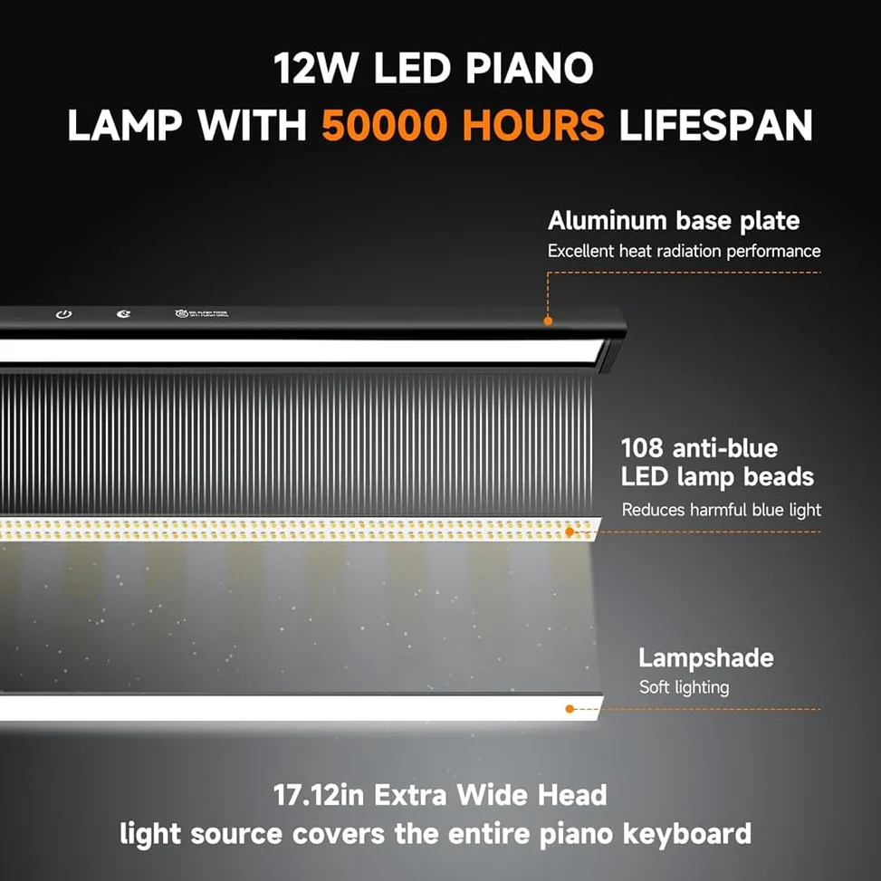 Malloy Musica per Pianoforte Light Dimmable Modern Reading Lamp per Pianoforte, Musicista, Lettura di Libri, Music Stand Light For Exight Piano UE Plug