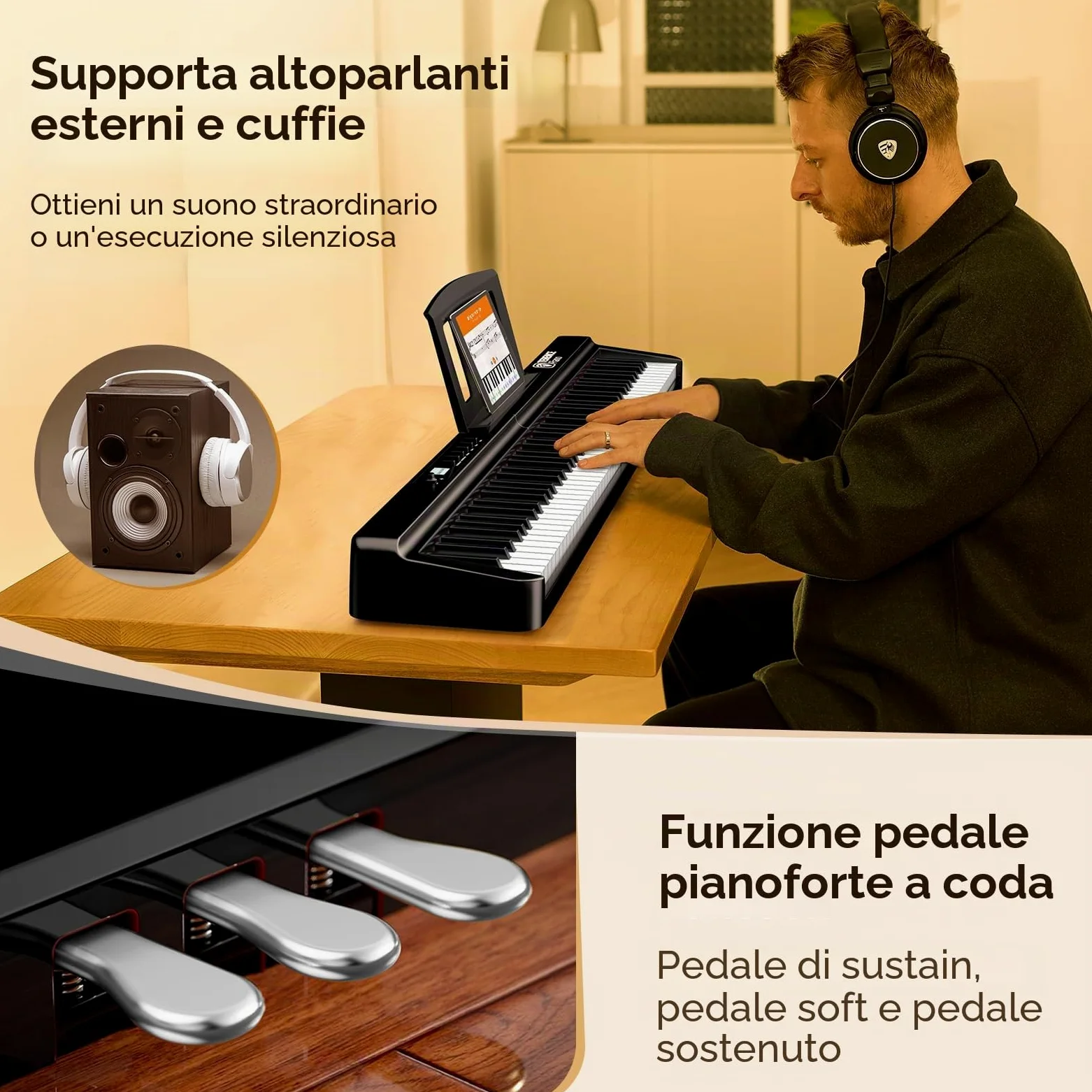 TERENCE Pieghevole Pianoforte Digitale 88 Tasti pesati con batteria da 2000 mAh Altoparlanti 2x25W Bluetooth e interfaccia MIDI supporto per spartiti Borsa adesiva Cavo audio con Pedale di sostegno