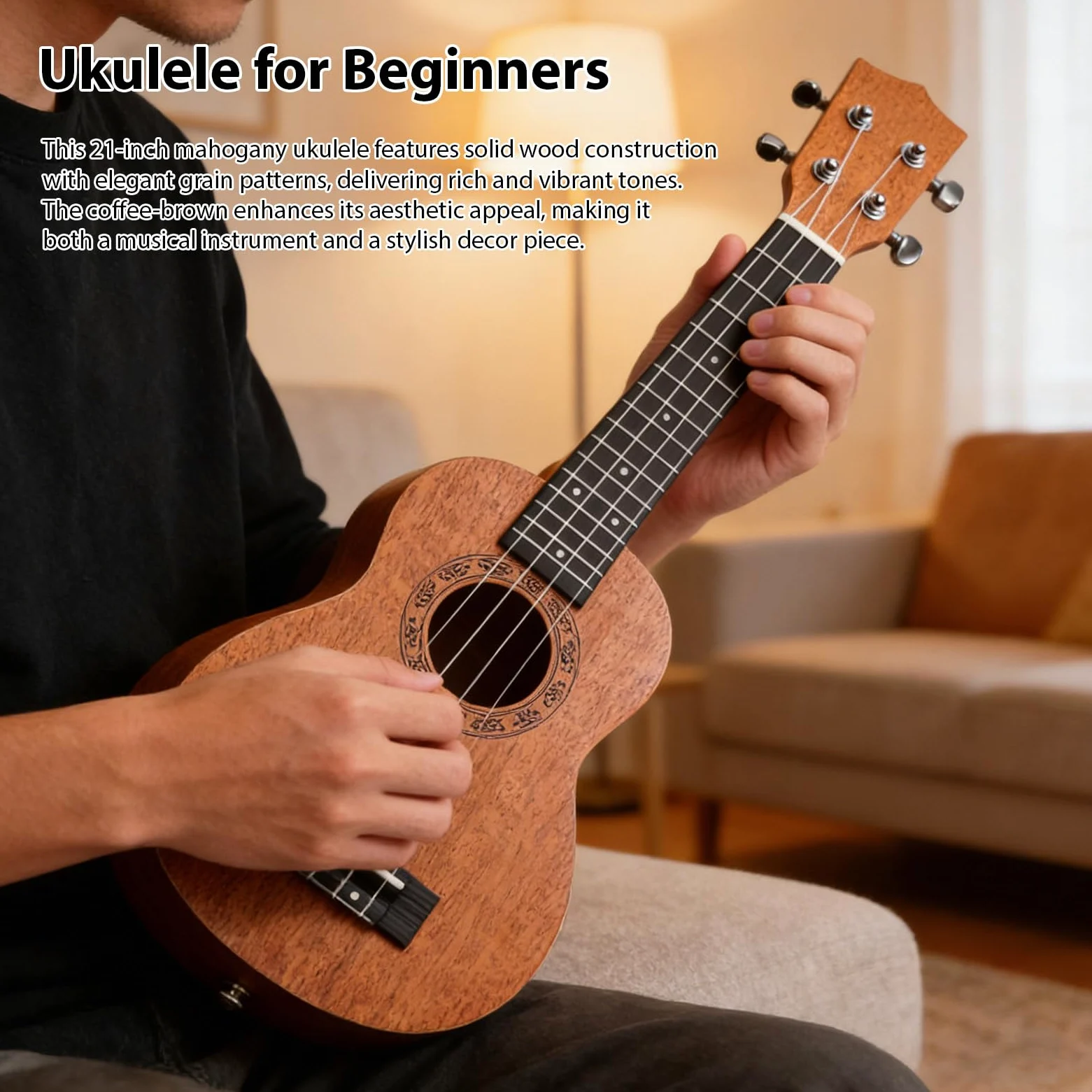 Eacam Kit per Principianti Ukulele in Mogano da 21 Pollici, Struttura in Legno Massello, Borsa Portatile, Accordatore, Tracolla, Capotasti, Plettri, Corde di Ricambio, Ideale per