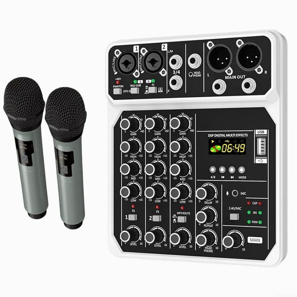 Console di mixaggio audio a 4 canali con lettore MP3 da 48 V e ingressi doppi per microfono per prestazioni live stage