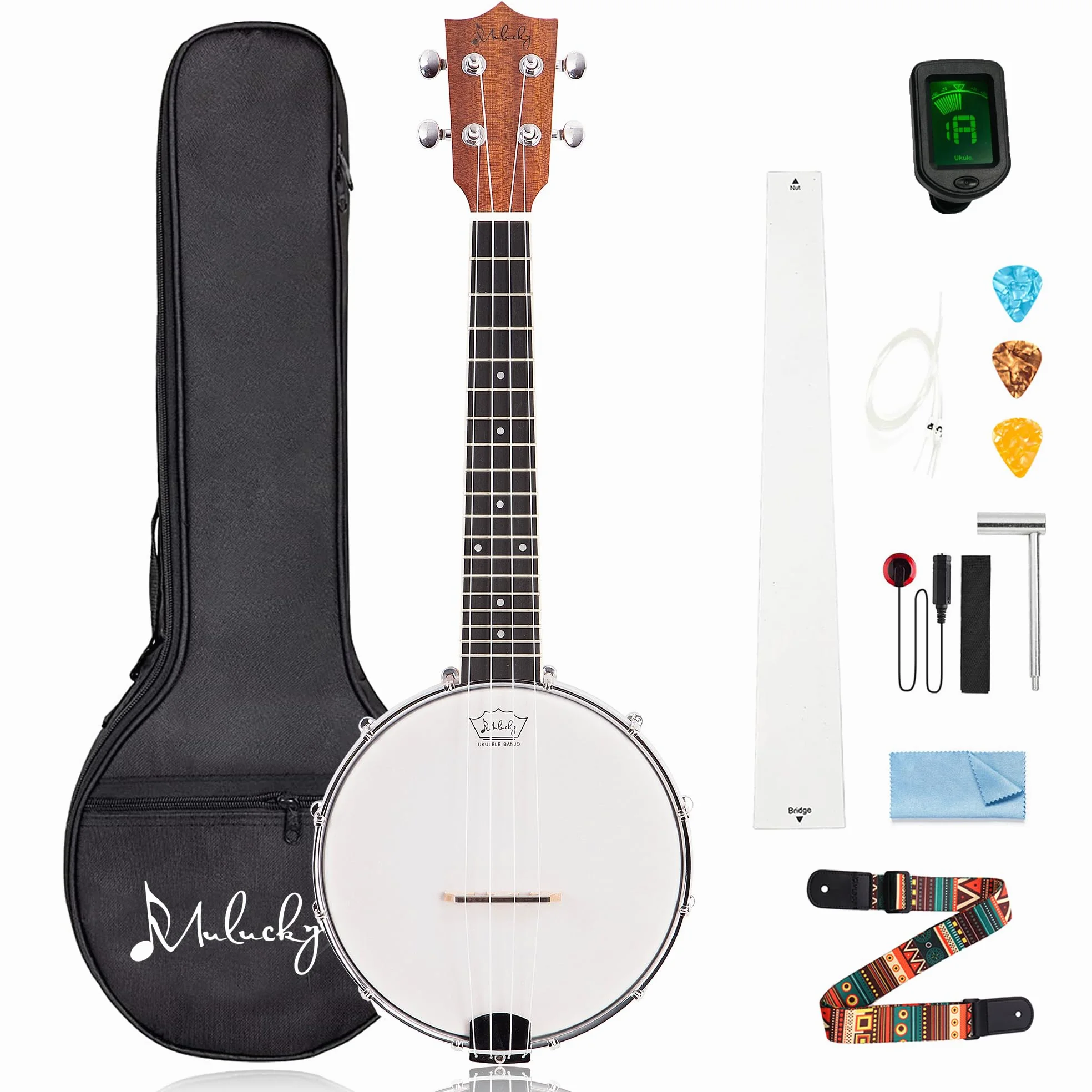 Mulucky Banjolele, 4 corde, Banjo-Ukulele, dimensioni da concerto, 58,9 cm, fondo in legno massello chiuso, set per principianti con supporto per il manico, borsa per concerti, accordatore, cordiera