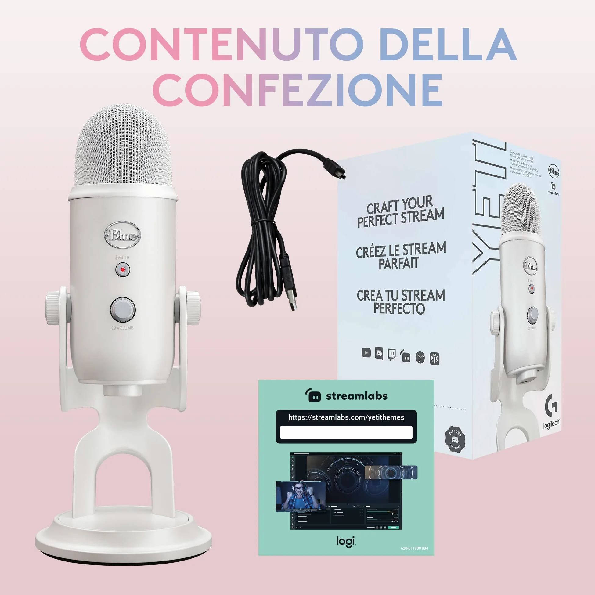 Logitech G Blue Yeti Premium USB Gaming Mic per lo streaming su PC e Mac, edizione speciale, effetti VO!CE blu, temi esclusivi Streamlabs, 4 modelli di pickup, Plug & Play - Bianco