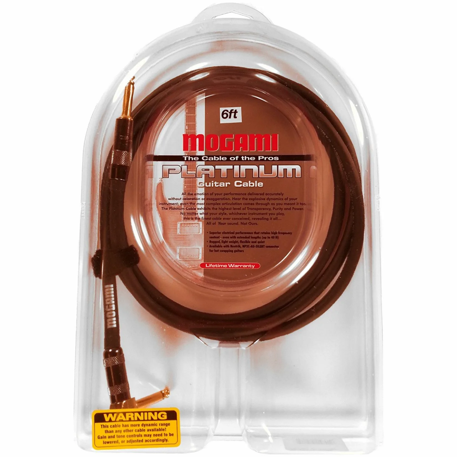 Mogami Platinum guitar-r cavo per strumenti, 1/10,2 cm TS maschio spine, contatti dorati, ad angolo retto e connettori dritti 6 Foot Right Angle to Straight