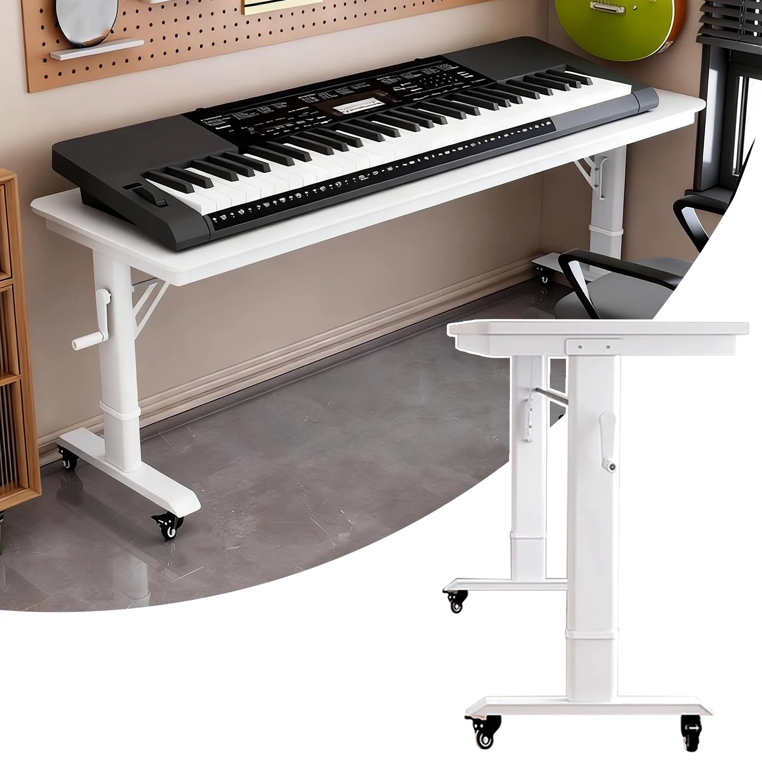 Supporto per tastiera per pianoforte bianco regolabile in altezza, mobile moderno scaffale per pianoforte con ruote, rialzo per tastiera elettronica per studio domestico, kit universale da scrivania