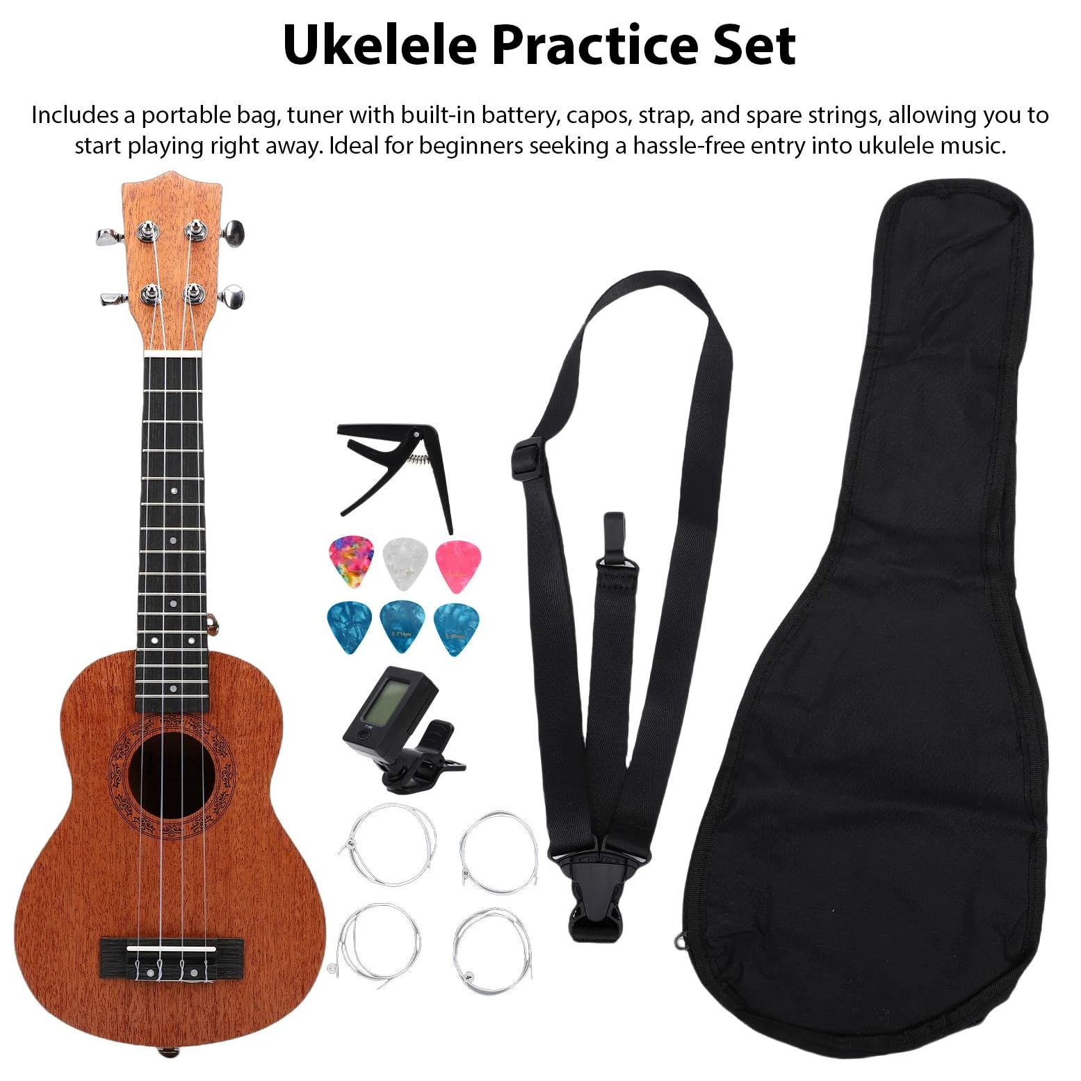 Eacam Kit per Principianti Ukulele in Mogano da 21 Pollici, Struttura in Legno Massello, Borsa Portatile, Accordatore, Tracolla, Capotasti, Plettri, Corde di Ricambio, Ideale per