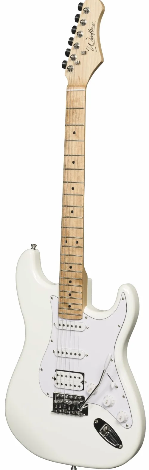 Woodbrass ST100 Chitarra elettrica, bianca - Chitarra versatile ideale per principianti - Corpo in forma ST - Tastiera in tiglio americano - Stile rock, pop, funk, country, hard, metal