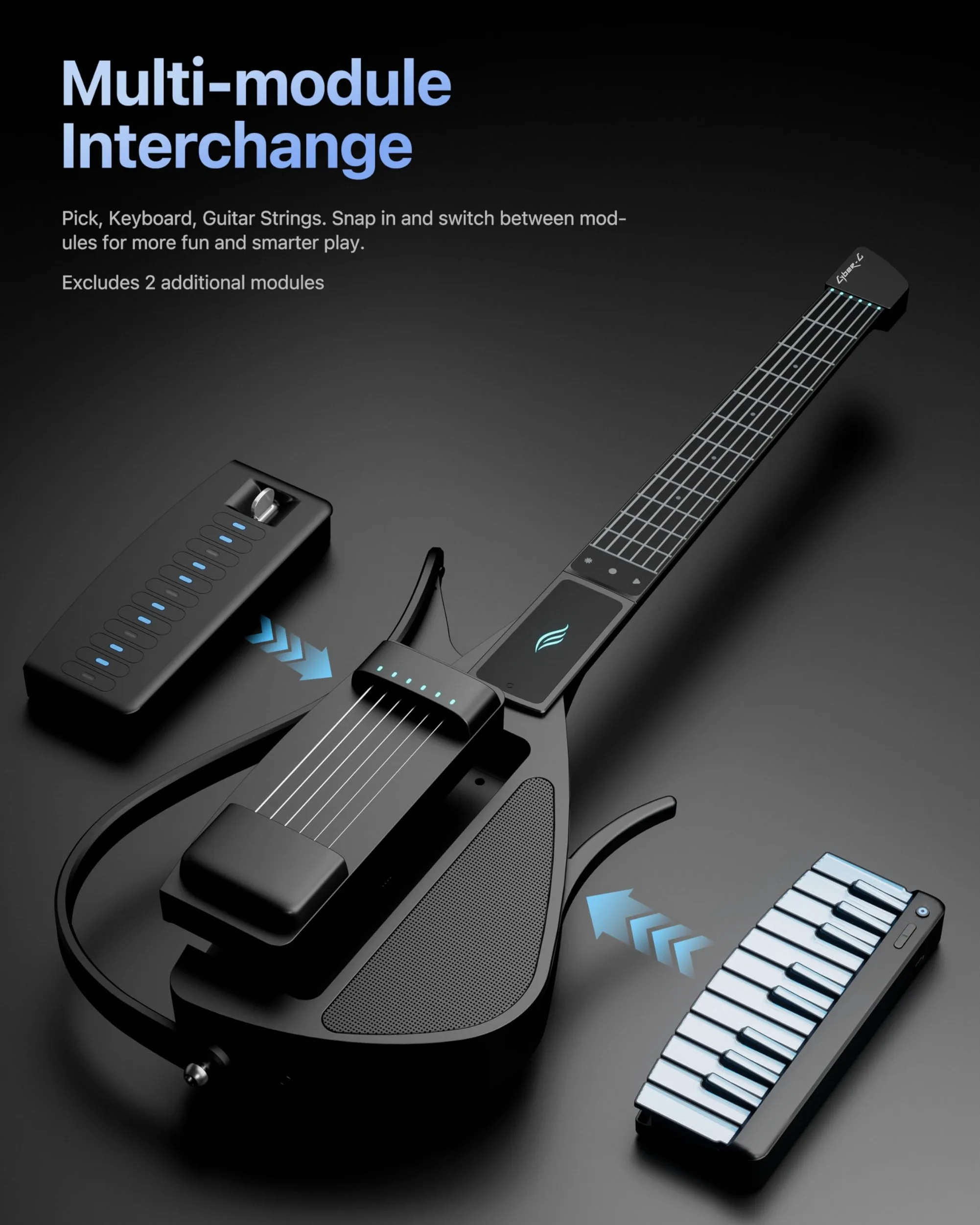 Enya CYBER-G Chitarra Smart – con corde in silicone, 24 suoni integrati, chitarra da viaggio silenziosa nera con altoparlante, drum system, app e accordi interattivi per adulti o adolescenti