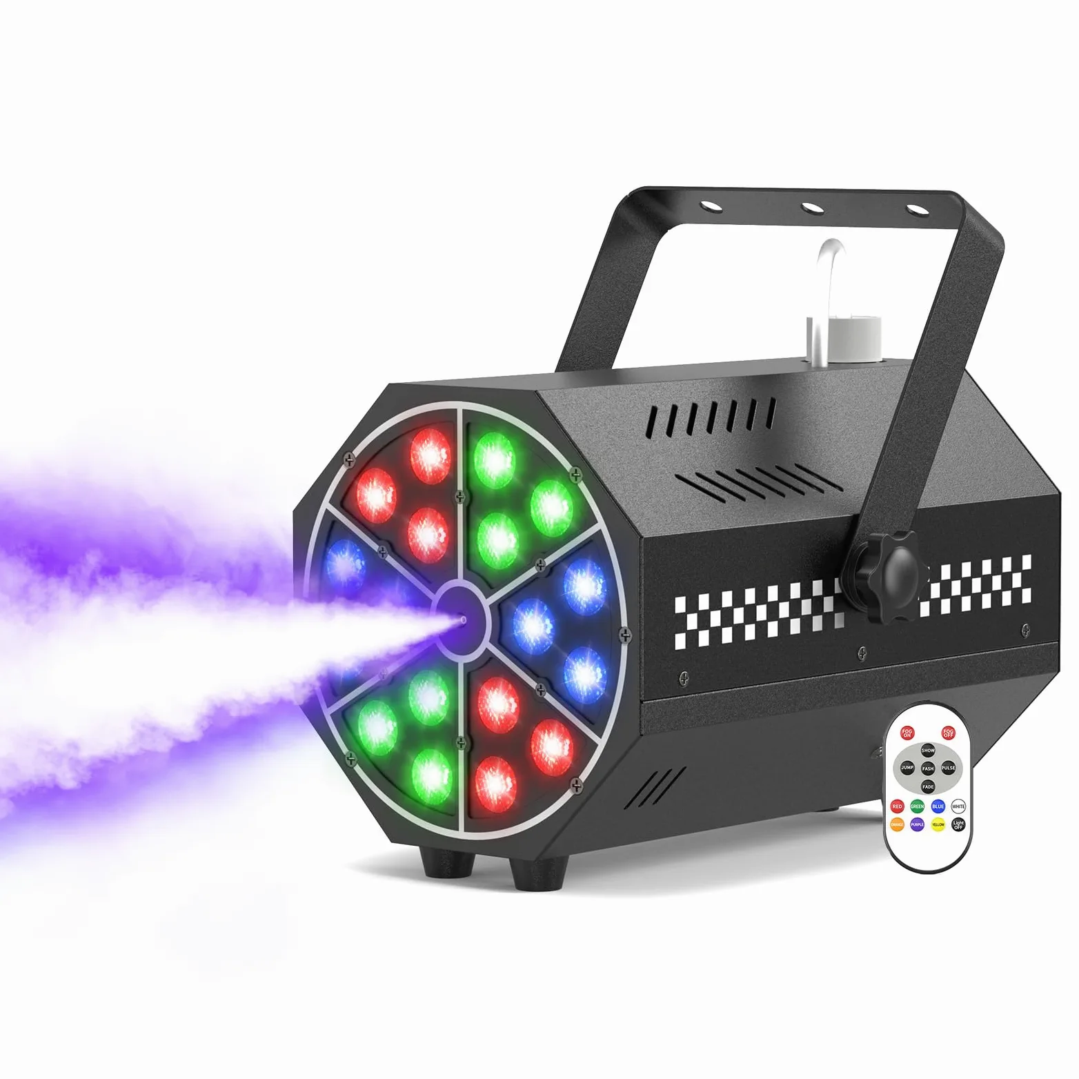 Macchina del fumo, 18 LED RGB con telecomando, LED luminosi, gradiente di colore, salto, impulso, strobo, per feste, Natale, Halloween, DJ, palchi e spazi aperti