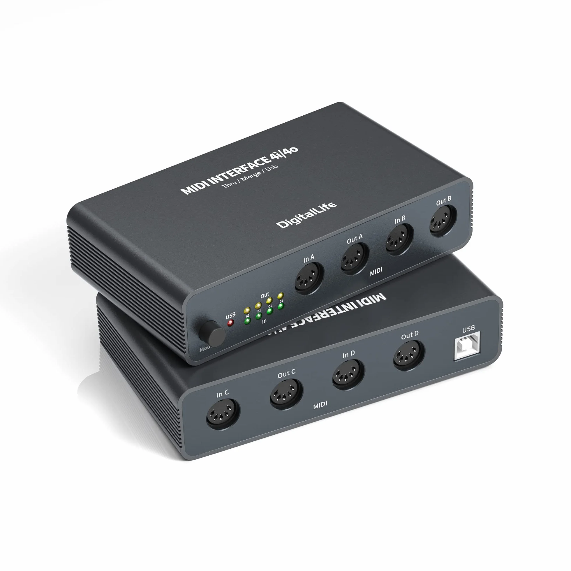 DigitalLife Quad I/O Pro 4x4 Interfaccia MIDI USB – Merge/Thru/Splitter 5-Pin DIN, Struttura in Metallo con 8 Indicatori LED per Tastiere, Synth, Drum Machine & Live Performance | UMB06-B