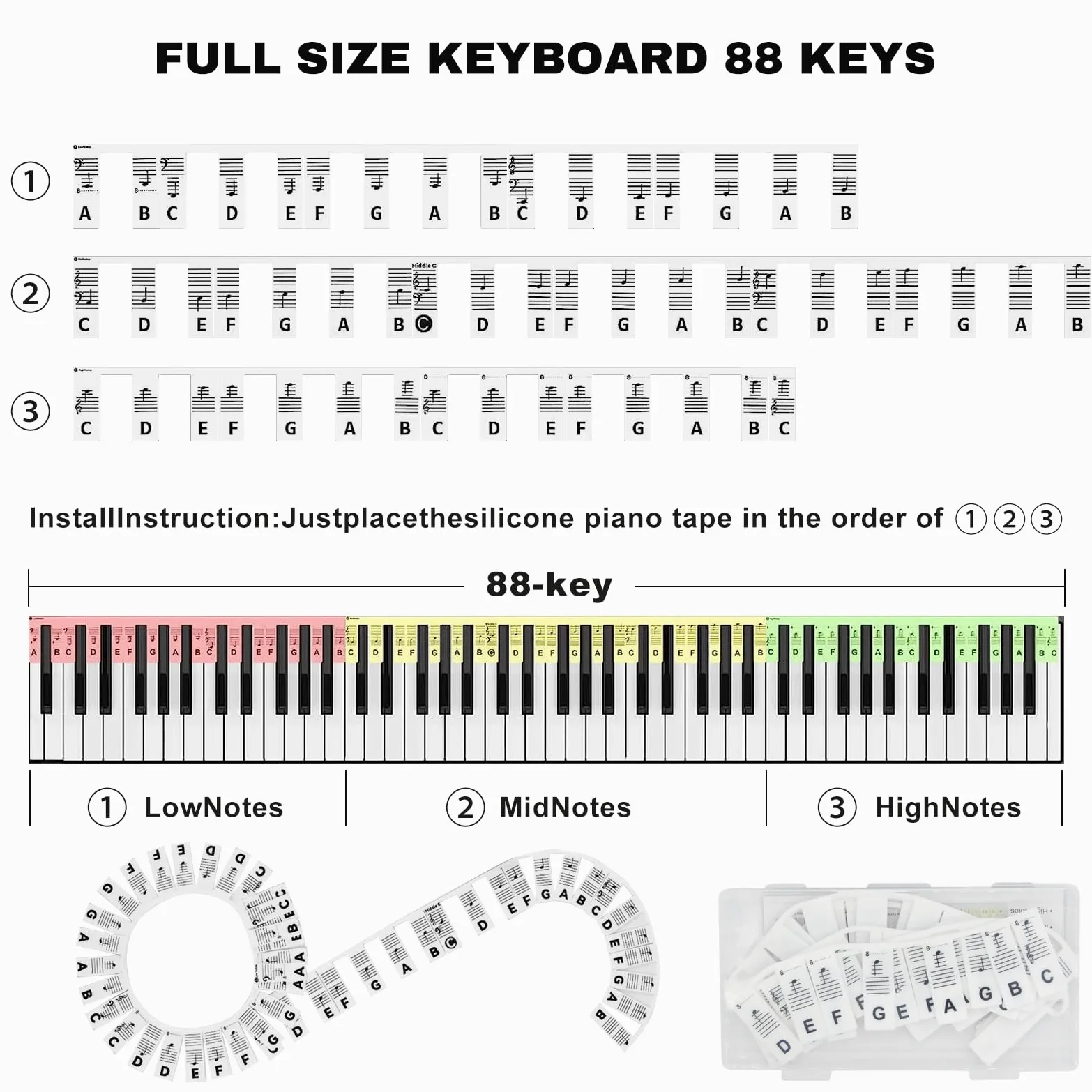 Etichette in silicone per pianoforte, note musicali per pianoforte, istruzioni (lingua italiana non garantita), accessori per pianoforte per 88 tasti di dimensioni intere, tasti per pianoforte per