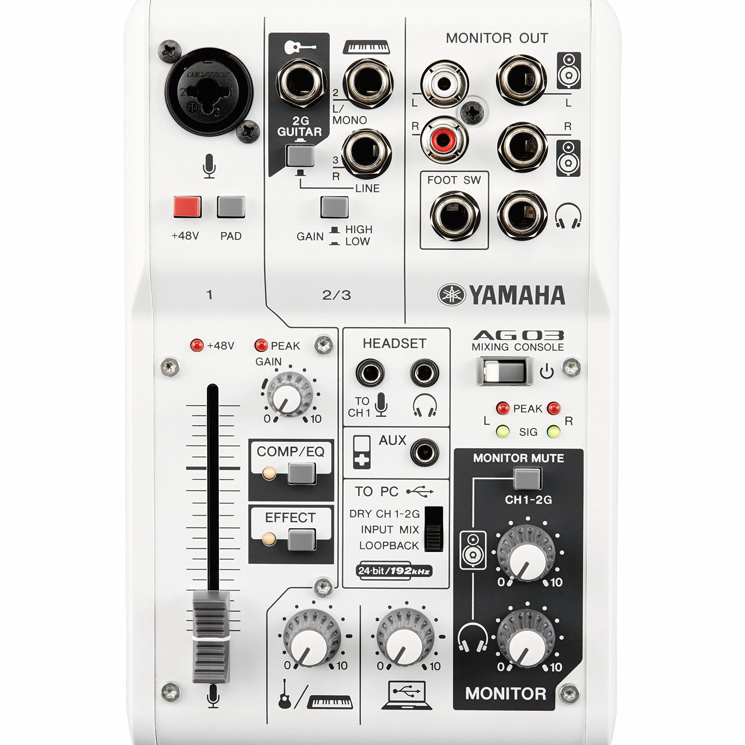 AG03 Mixer Audio Console Multifunzione, con Interfaccia Audio USB, 3 canali, per Registrazione Live, Streaming, Webcasting / Podcasting, Bianco