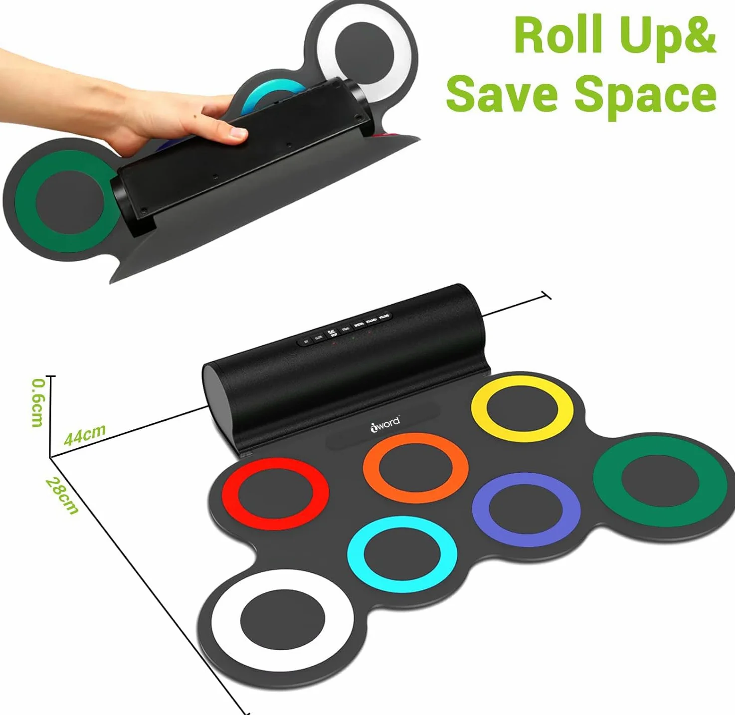 IWORD Set di batteria elettronica, pad per esercitarsi con batteria arrotolabile, con jack per cuffie, altoparlante integrato, pedali, bacchette, 10 ore di autonomia, ottimo regalo di compleanno per