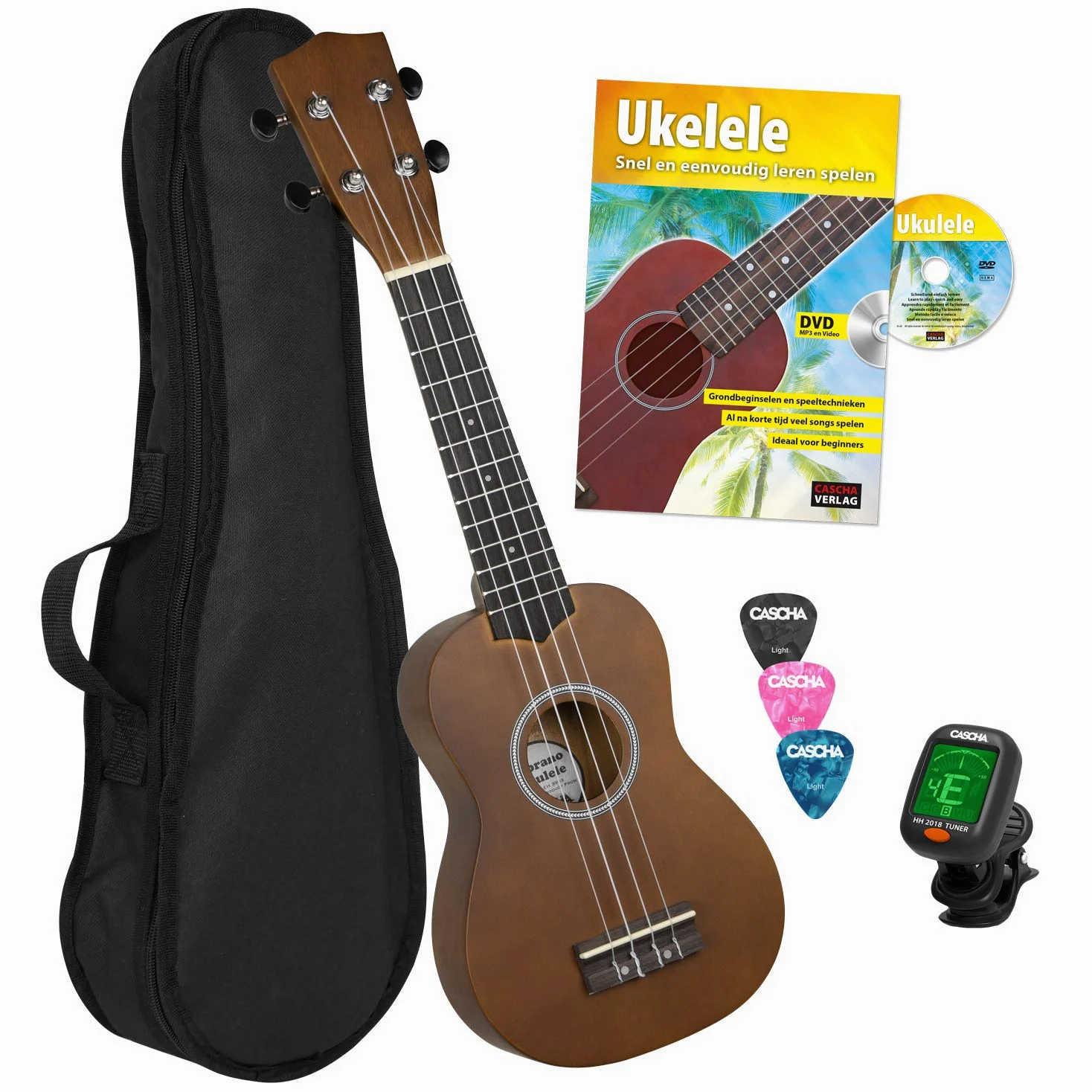 Cascha HH 3956 NL Ukulele Soprano con Manuale in Olandese, Accordatore, Borsa, 3 Plettri e Corde Aquila