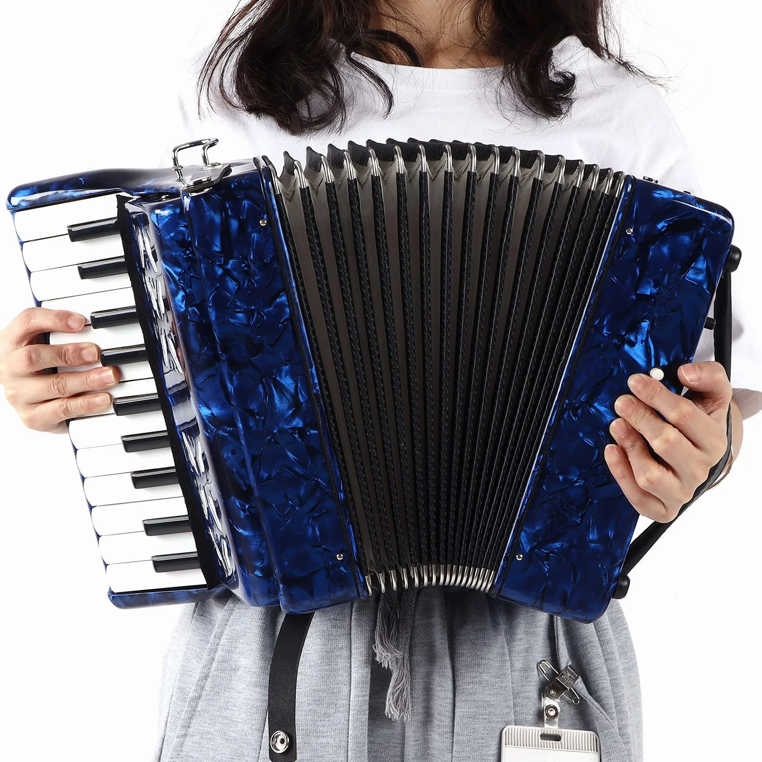 Fisarmonica Professionale 22 Tasti 8 Bassi, Musicale Portatile(blu) | Con Tastiera in Legno e Tracolla Regolabile, Inclusi Guanti e Panno per Pulire per Principianti e Musicisti Adulti